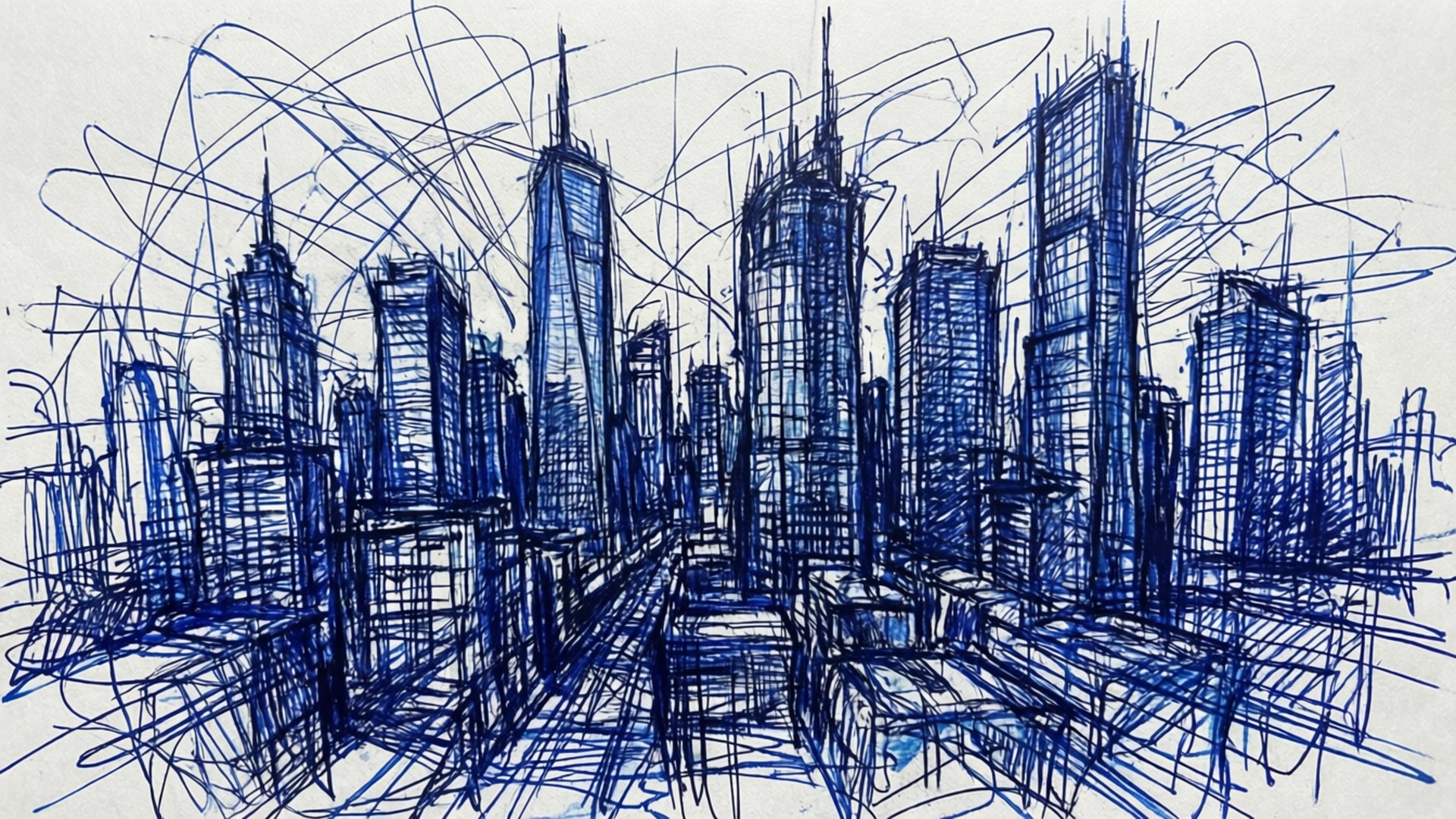 Chaotic City Sketch, ink sketch, city skyline, Full HD Desktop Wallpaper