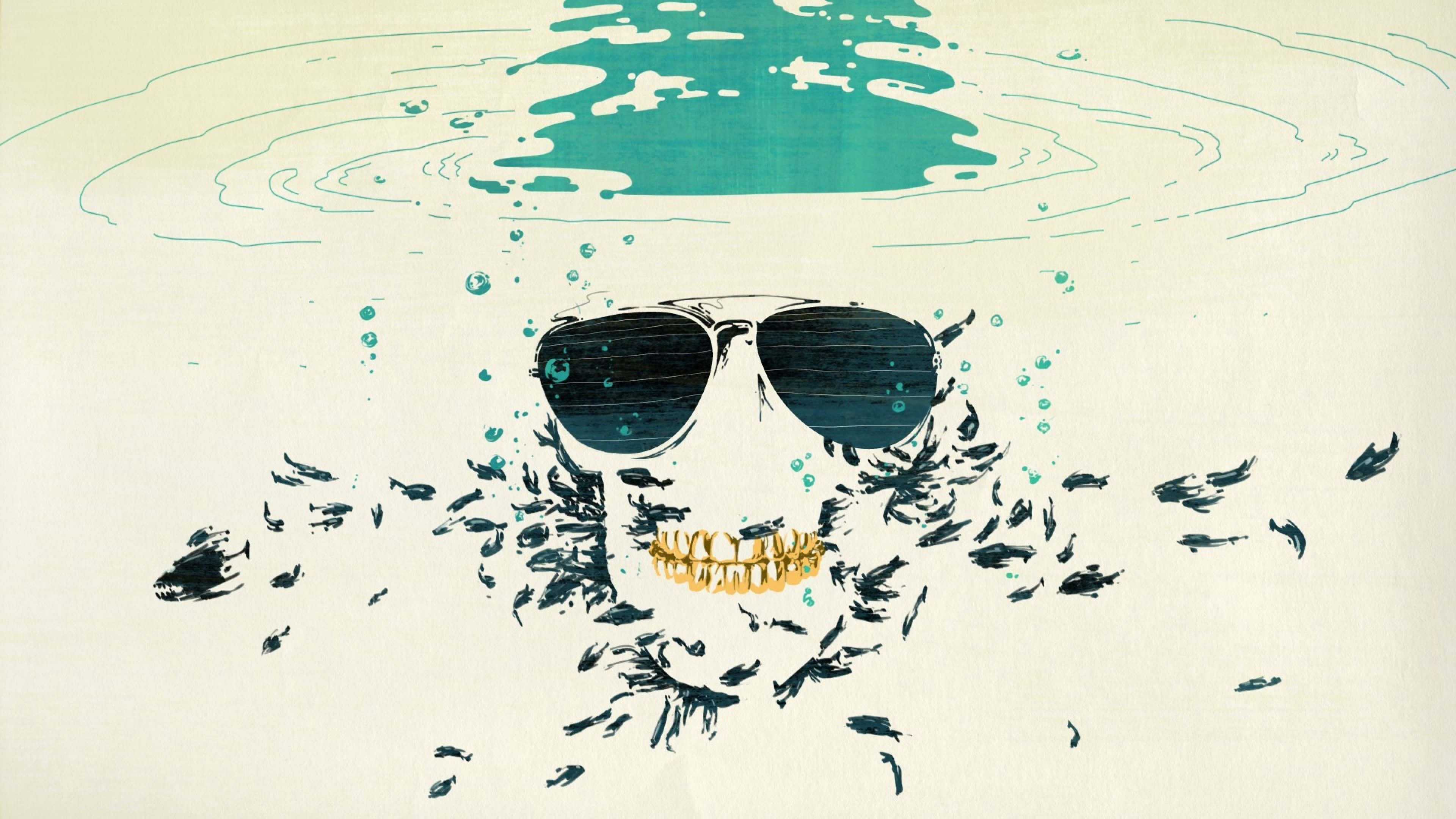 Drawing Desktop, sinking skull, turquoise water, 4K Desktop Wallpaper