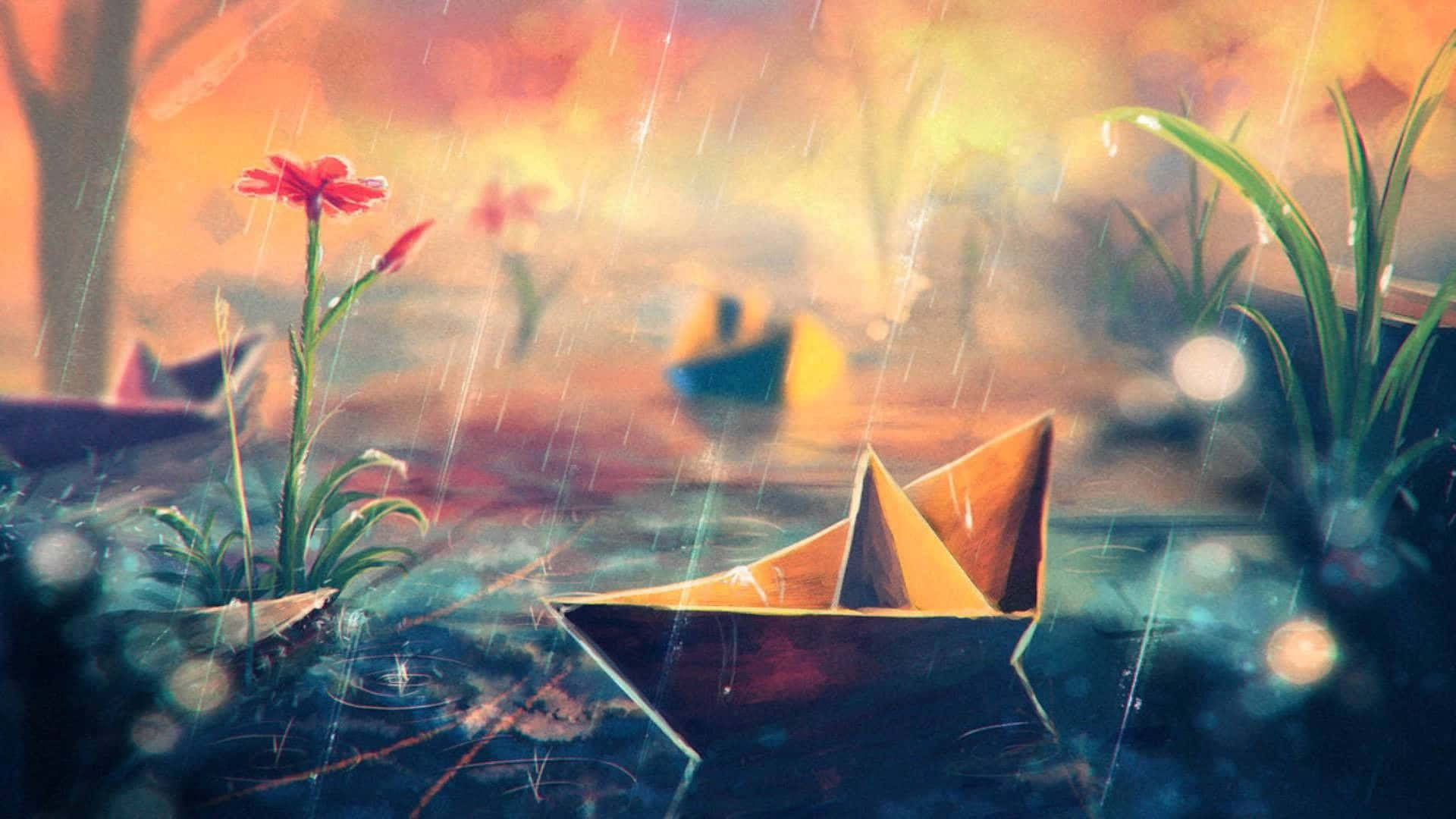 Drawing Desktop, paper boat, rain-slicked water, Full HD Desktop Wallpaper
