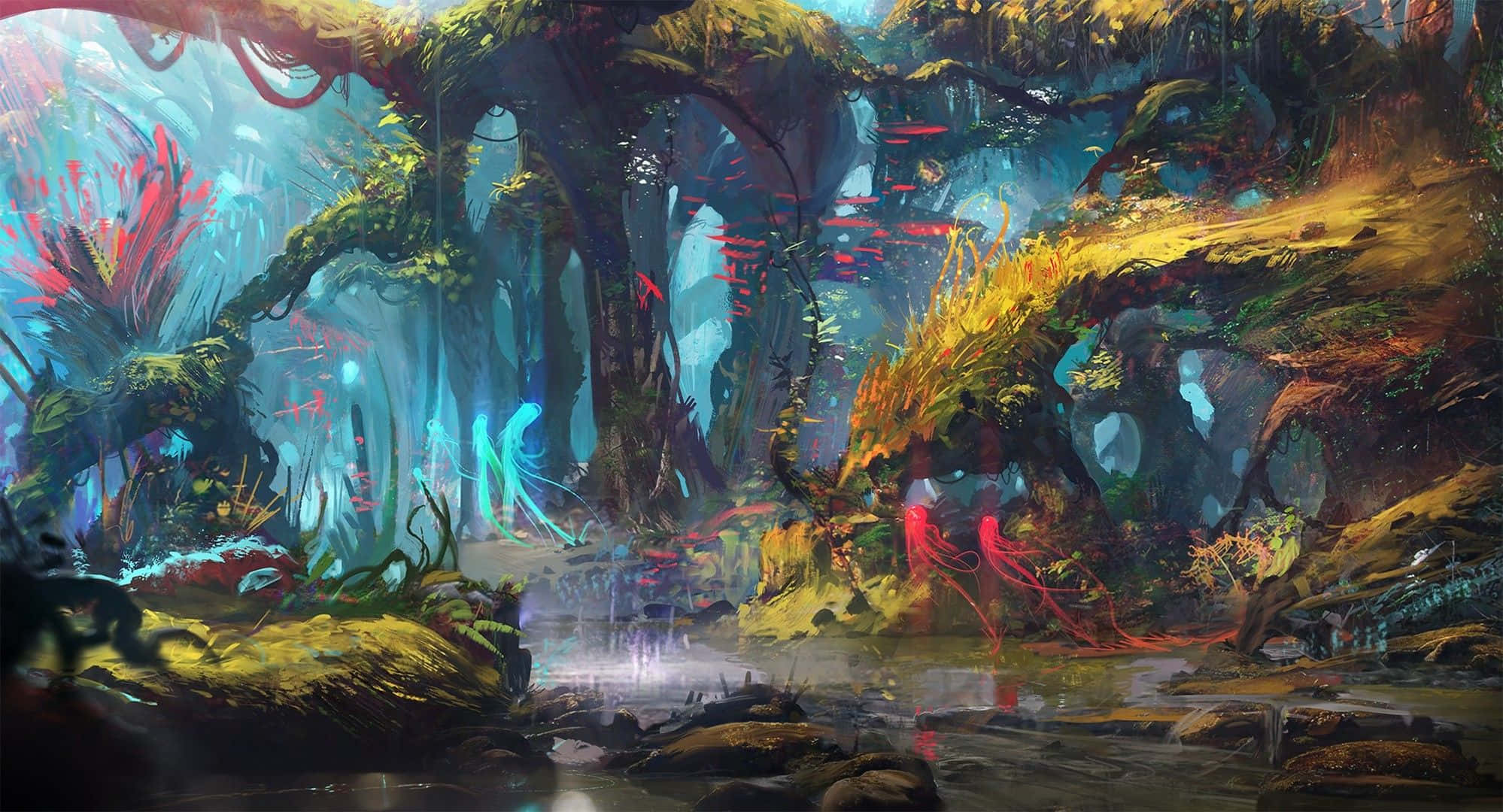 Mystical Forest, glowing blue, glowing red, Full HD Desktop Wallpaper