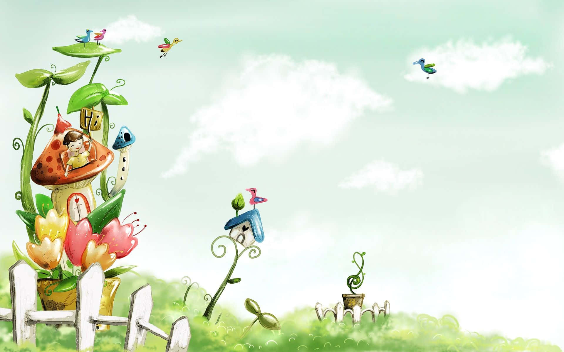Colorful Birdhouse Drawing Desktop, whimsical garden scene, colorful mushroom houses, Full HD Desktop Wallpaper