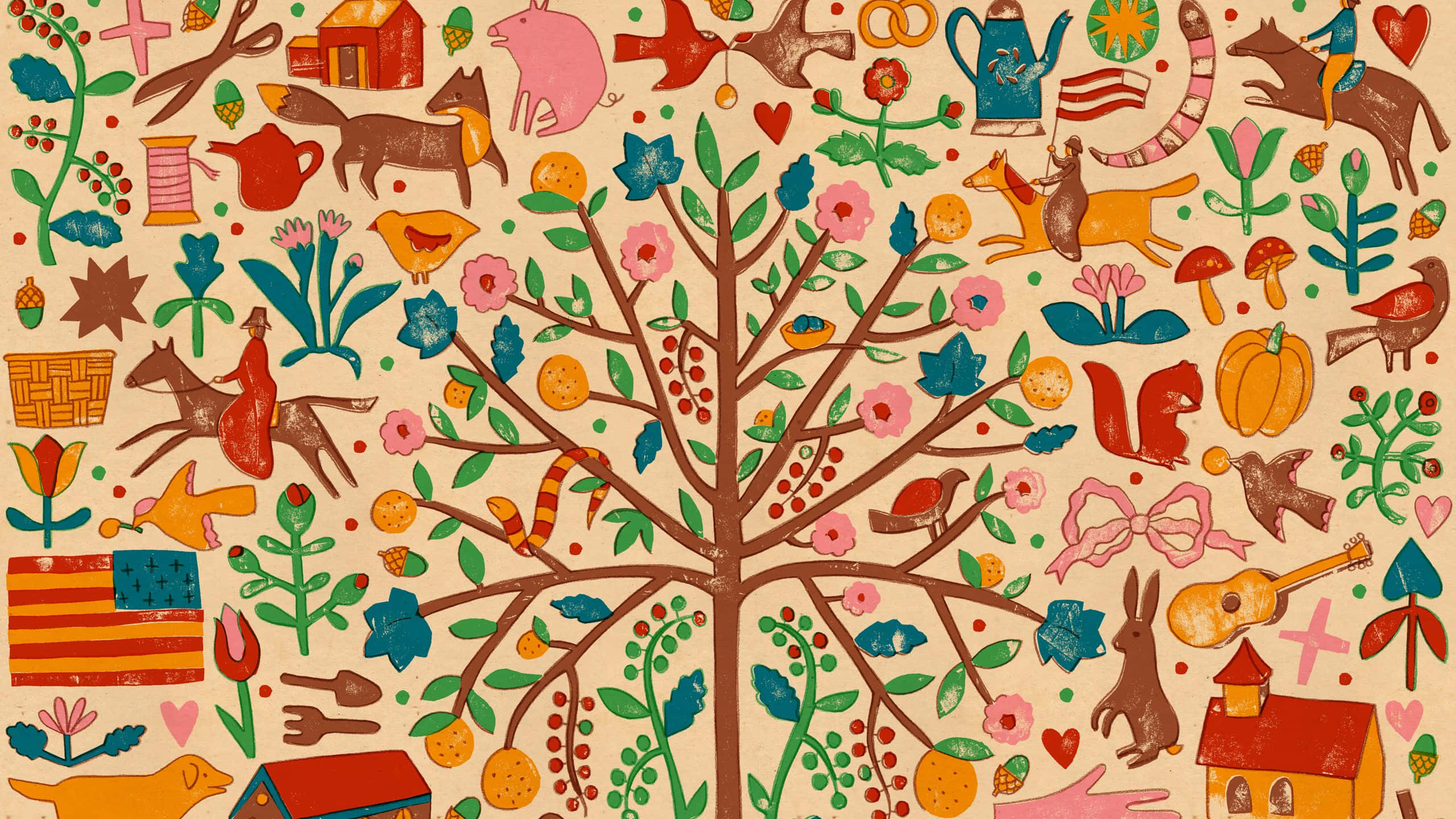 Drawing Desktop, whimsical tree, colorful folk-art animals, 2K Desktop Wallpaper