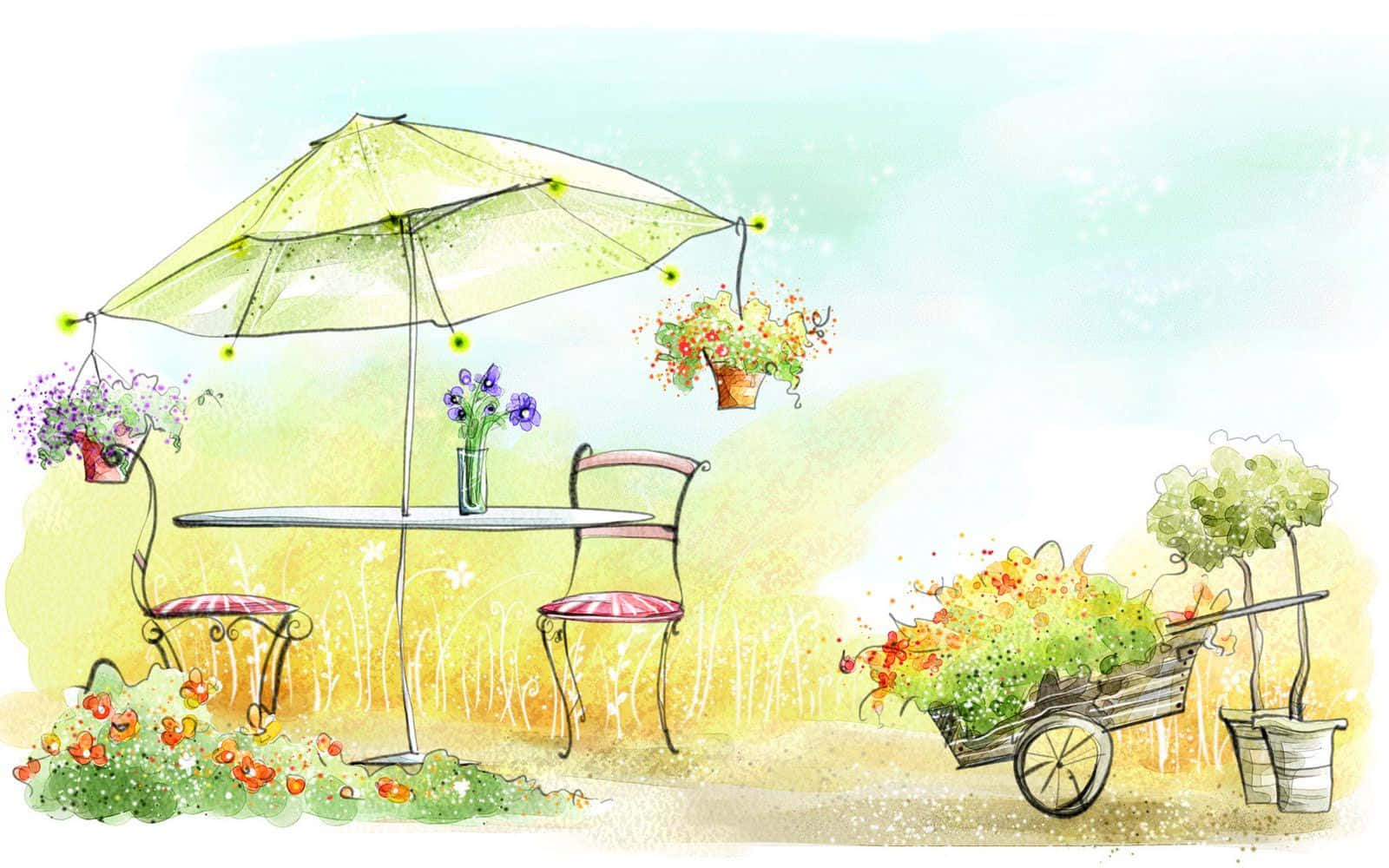 Drawing Desktop, watercolor garden scene, table under a green umbrella, HD Desktop Wallpaper