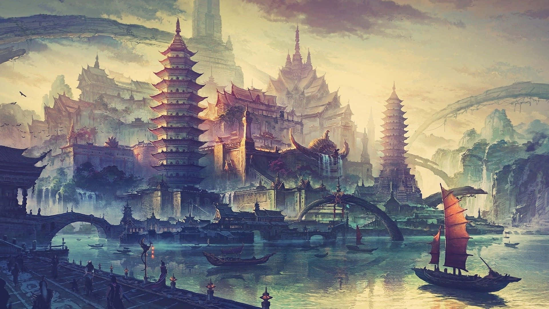 Drawing Desktop, misty fantasy city, tiered pagodas, Full HD Desktop Wallpaper