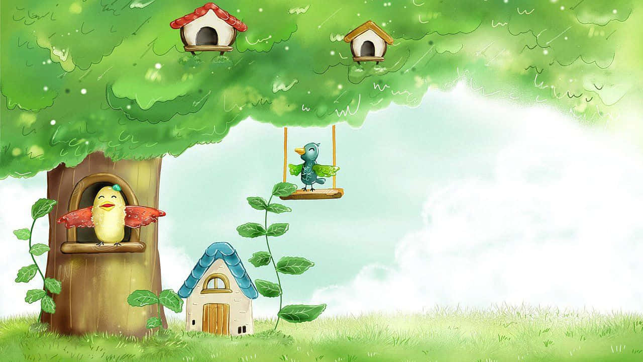 Drawing Desktop, Happy Bird, treehouse, HD Desktop Wallpaper