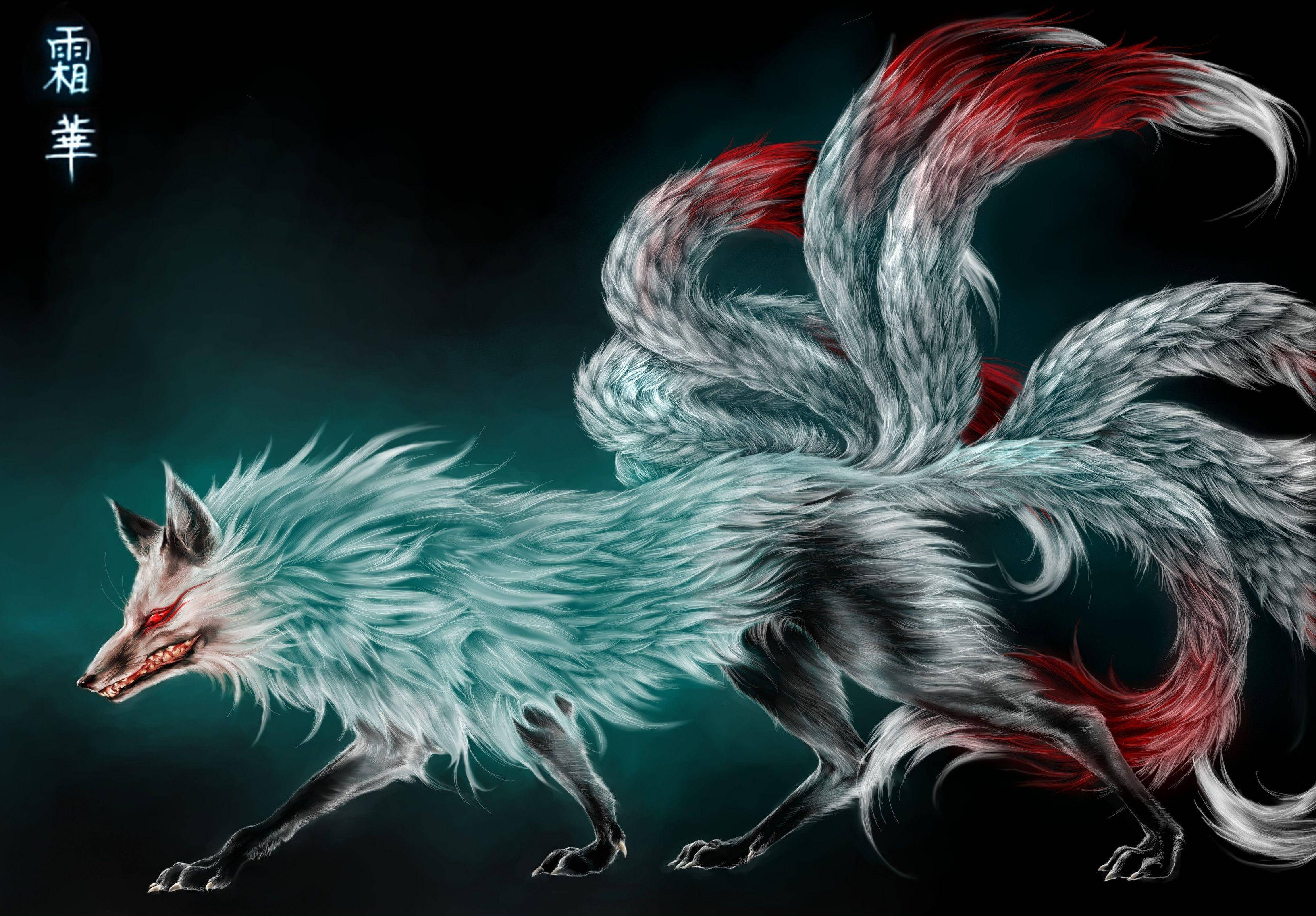 kitsune, nine-tailed fox, silver fur, 2K Desktop Wallpaper