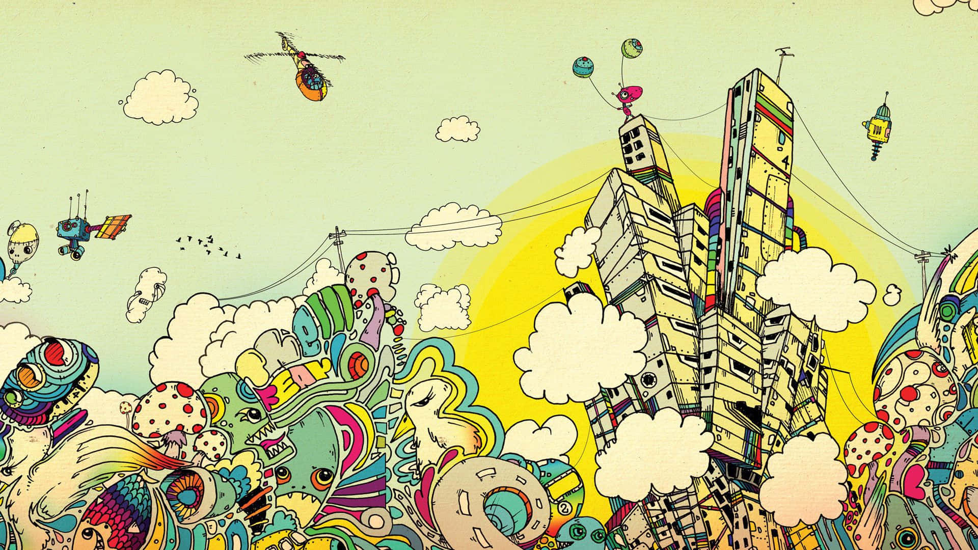 Drawing Desktop, whimsical cartoon cityscape, floating buildings, Full HD Desktop Wallpaper