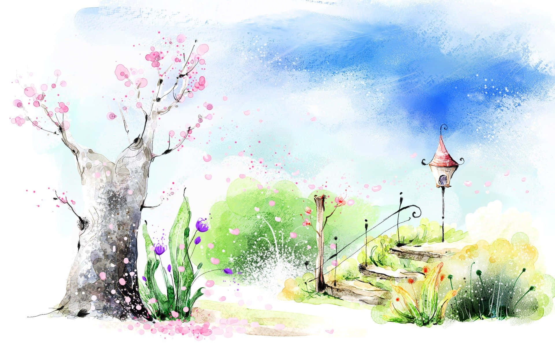 Drawing Desktop, watercolor garden scene, blossoming pink tree, Full HD Desktop Wallpaper