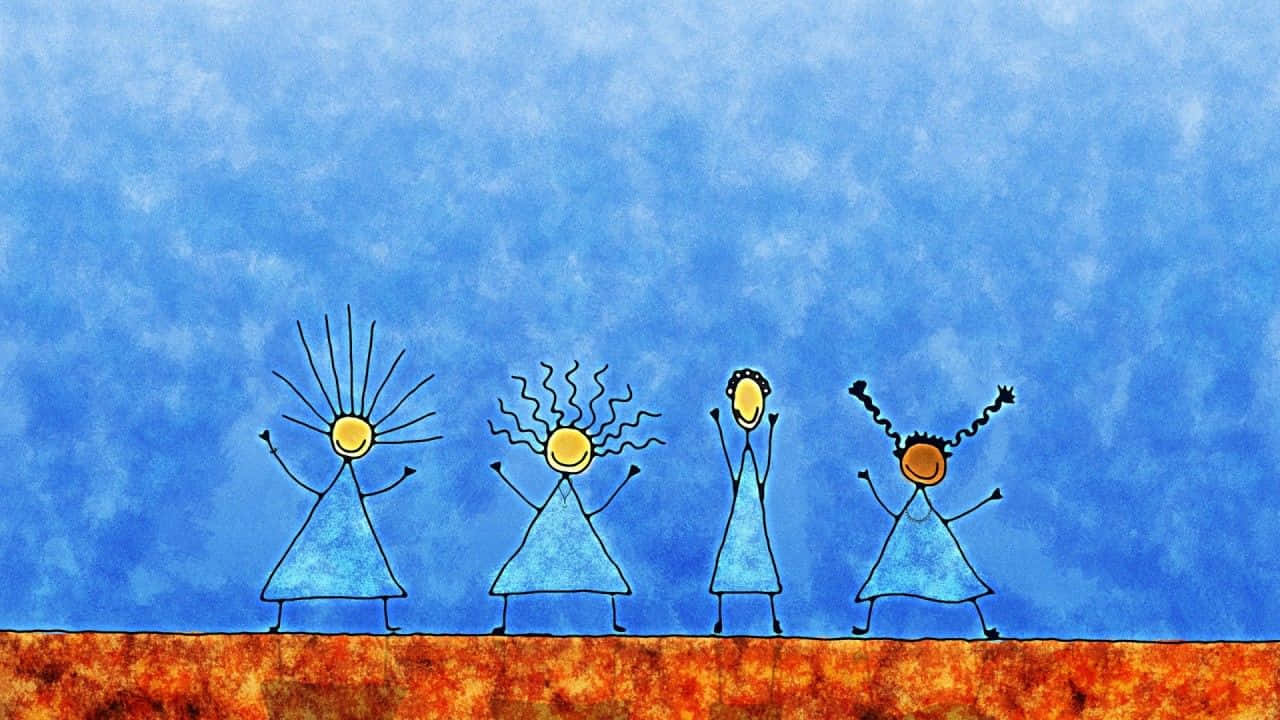 Cheerful Kid's Drawing Desktop, stick figures, colorful sun-like heads, HD Desktop Wallpaper