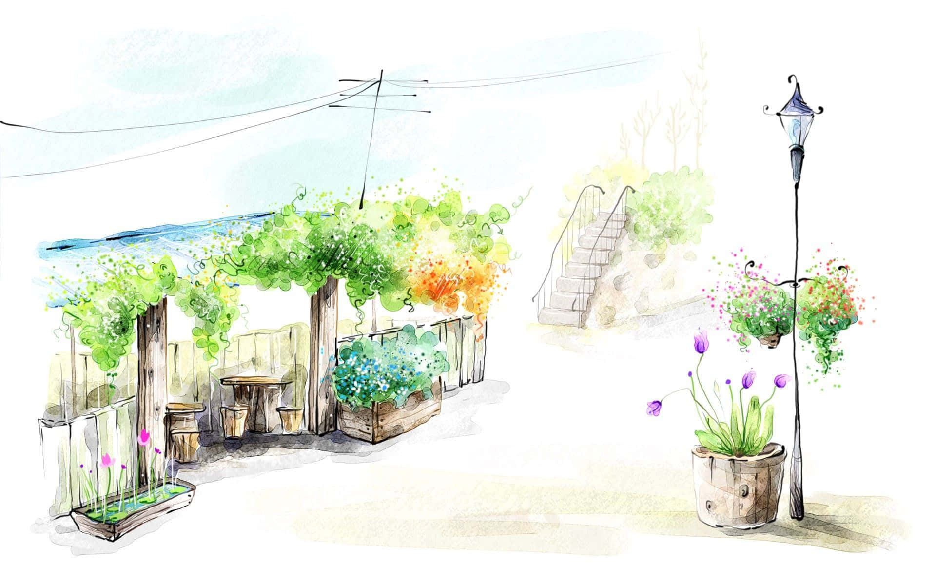 Drawing Desktop, watercolor illustration, outdoor café, Full HD Desktop Wallpaper