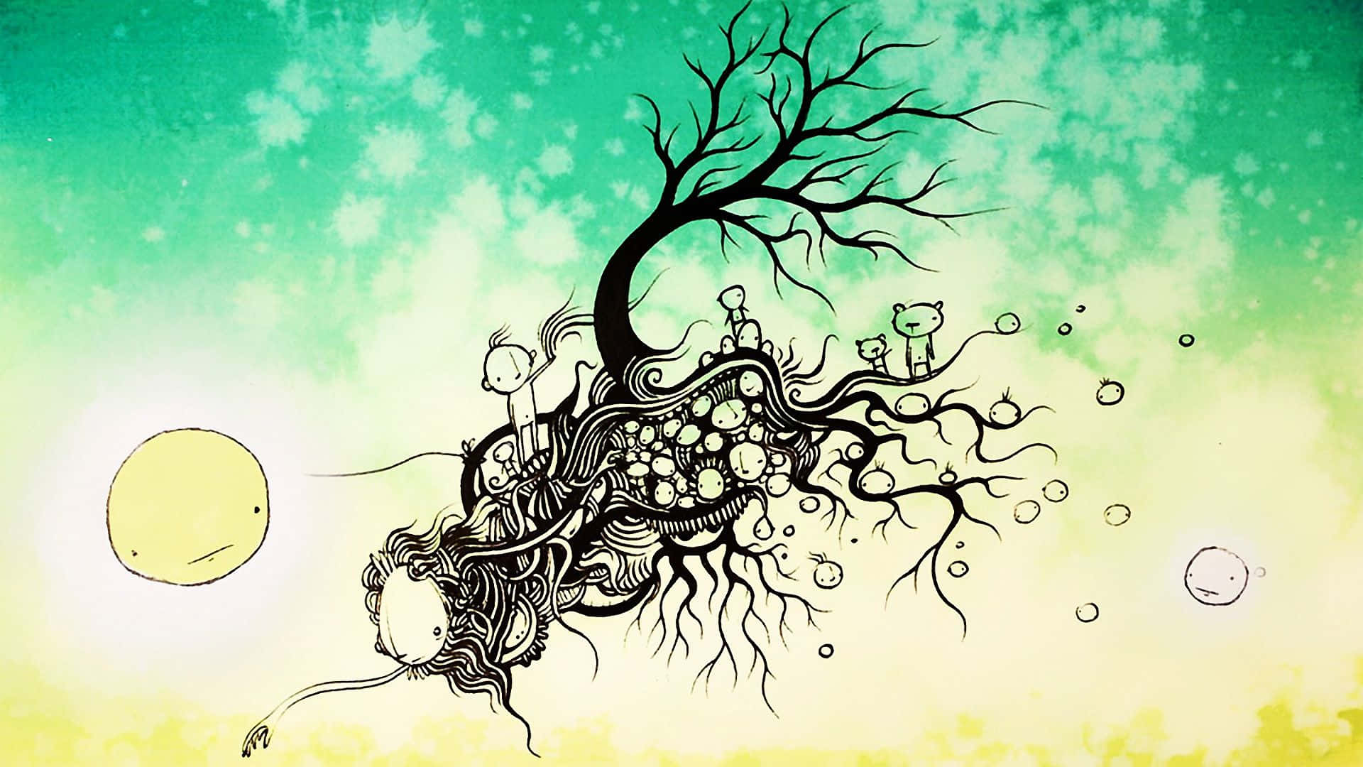 Drawing Desktop, black line drawing, tree with faces and children growing from its roots, Full HD Desktop Wallpaper