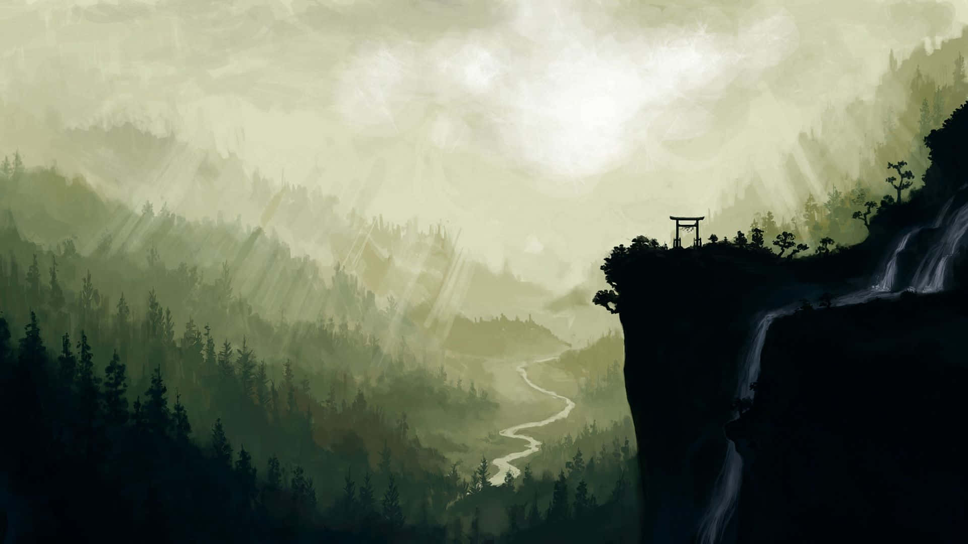 Drawing Desktop, torii gate, mountain valley, Full HD Desktop Wallpaper