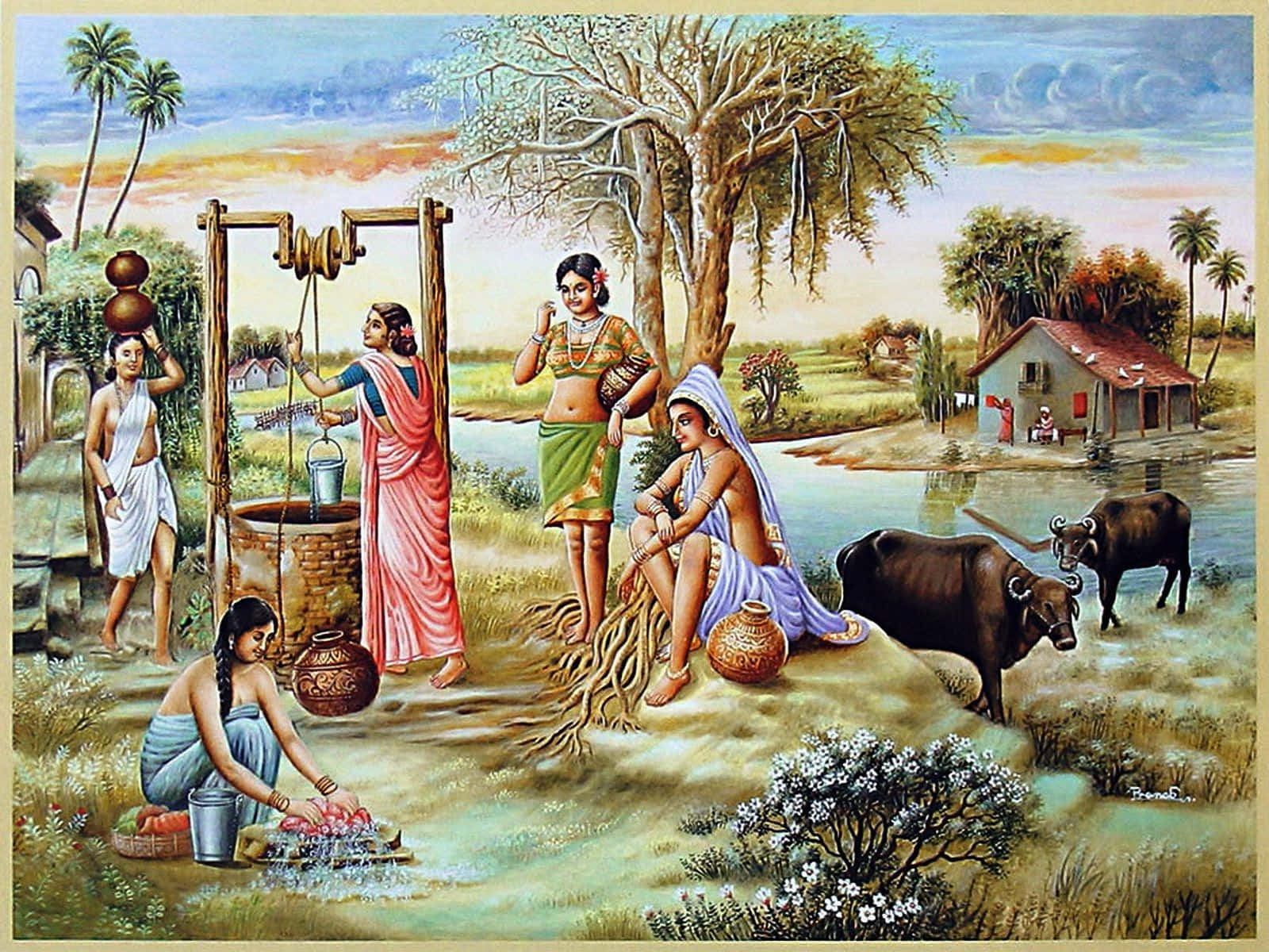 Traditional Indian Town, river, bullocks, HD Desktop Wallpaper
