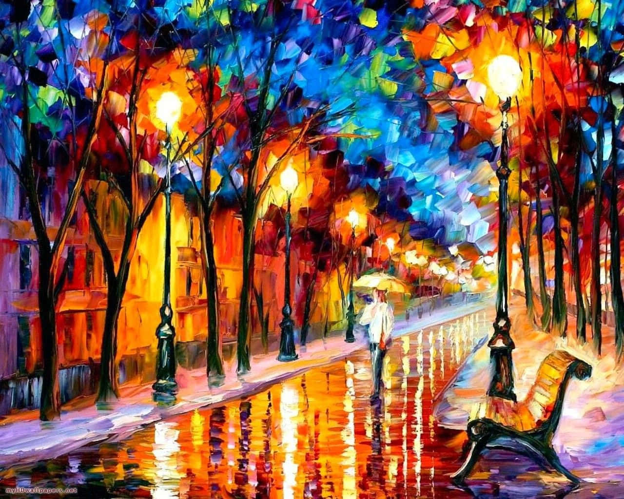 Drawing Desktop, night, street scene, HD Desktop Wallpaper
