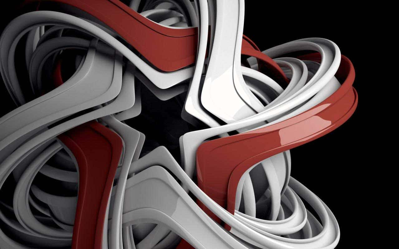 Sleek glossy red white and gray abstract ribbons, black background, abstract shapes, HD Desktop Wallpaper