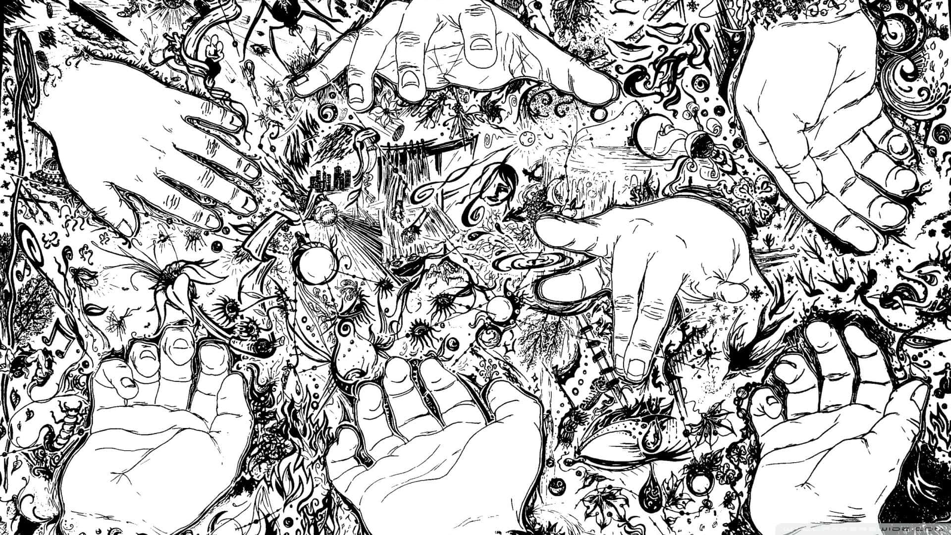 Drawing Desktop, black and white, hands, Full HD Desktop Wallpaper