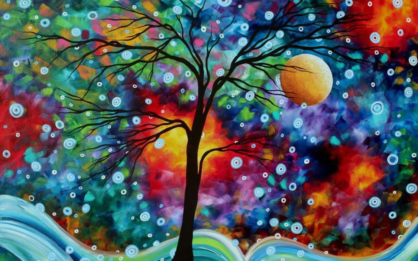 Colorful Tree Painting Desktop, black tree, vibrant swirling sky, HD Desktop Wallpaper