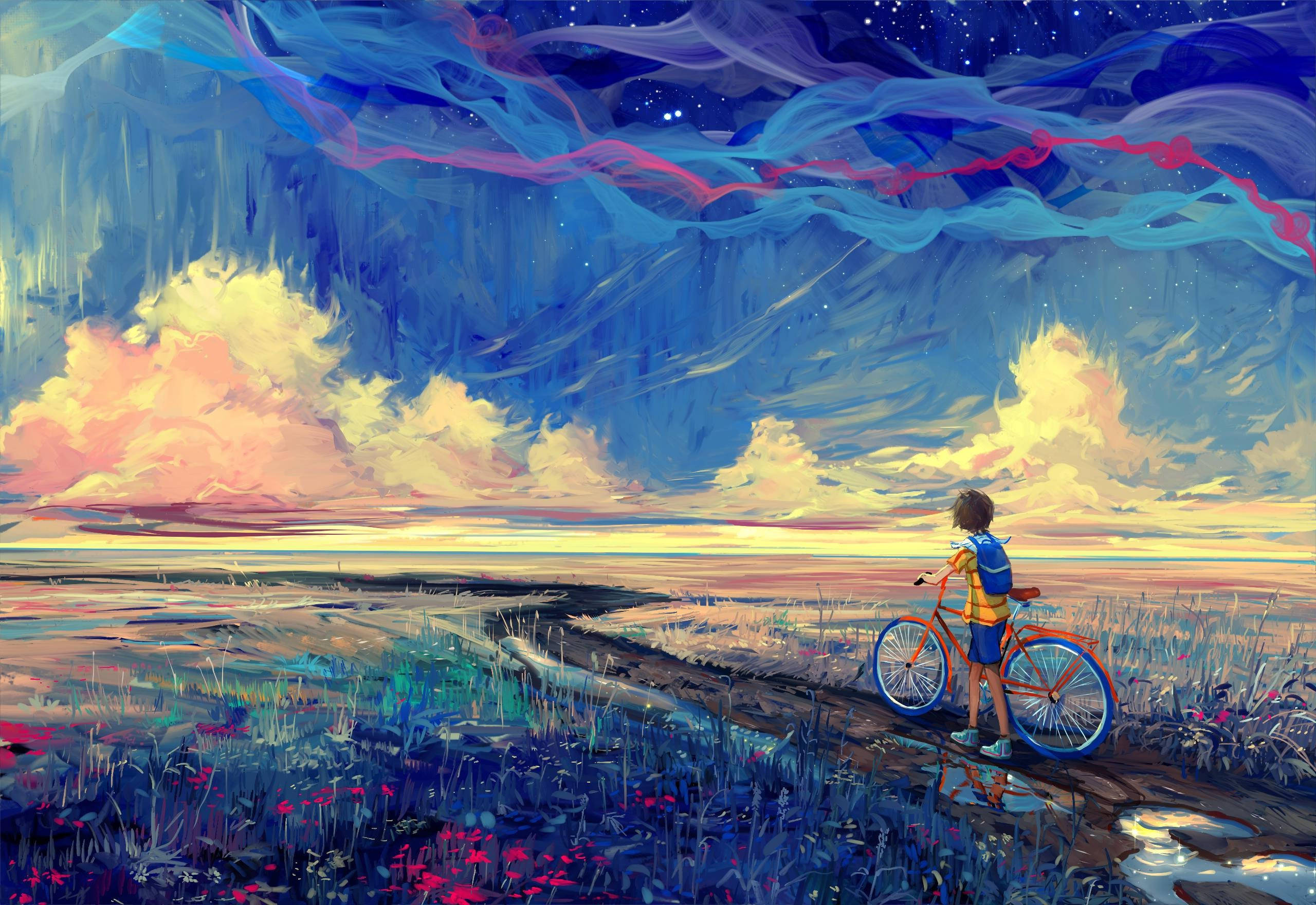 boy with bicycle, digital paint drawing, surreal sky, 2K Desktop Wallpaper