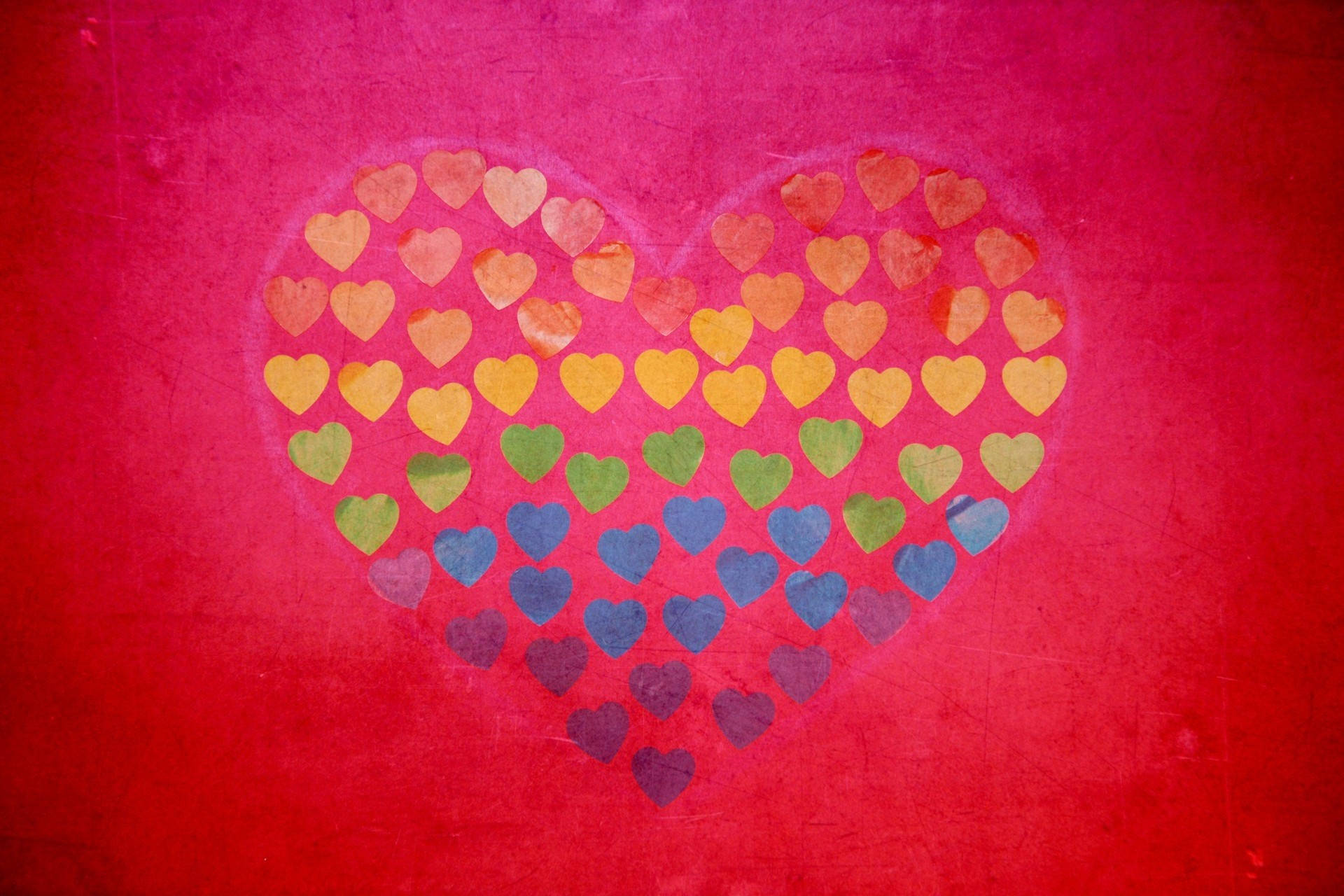 multiple hearts drawing, pink wall, rainbow-colored hearts, Full HD Desktop Wallpaper