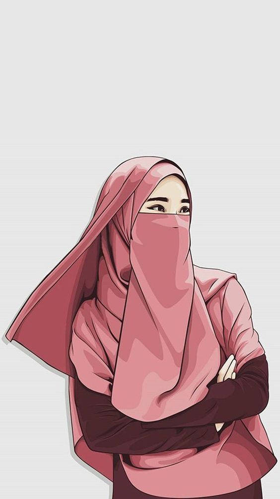 Muslim Girl Hijab Cartoon, pink hijab, light gray background, SD Phone Wallpaper