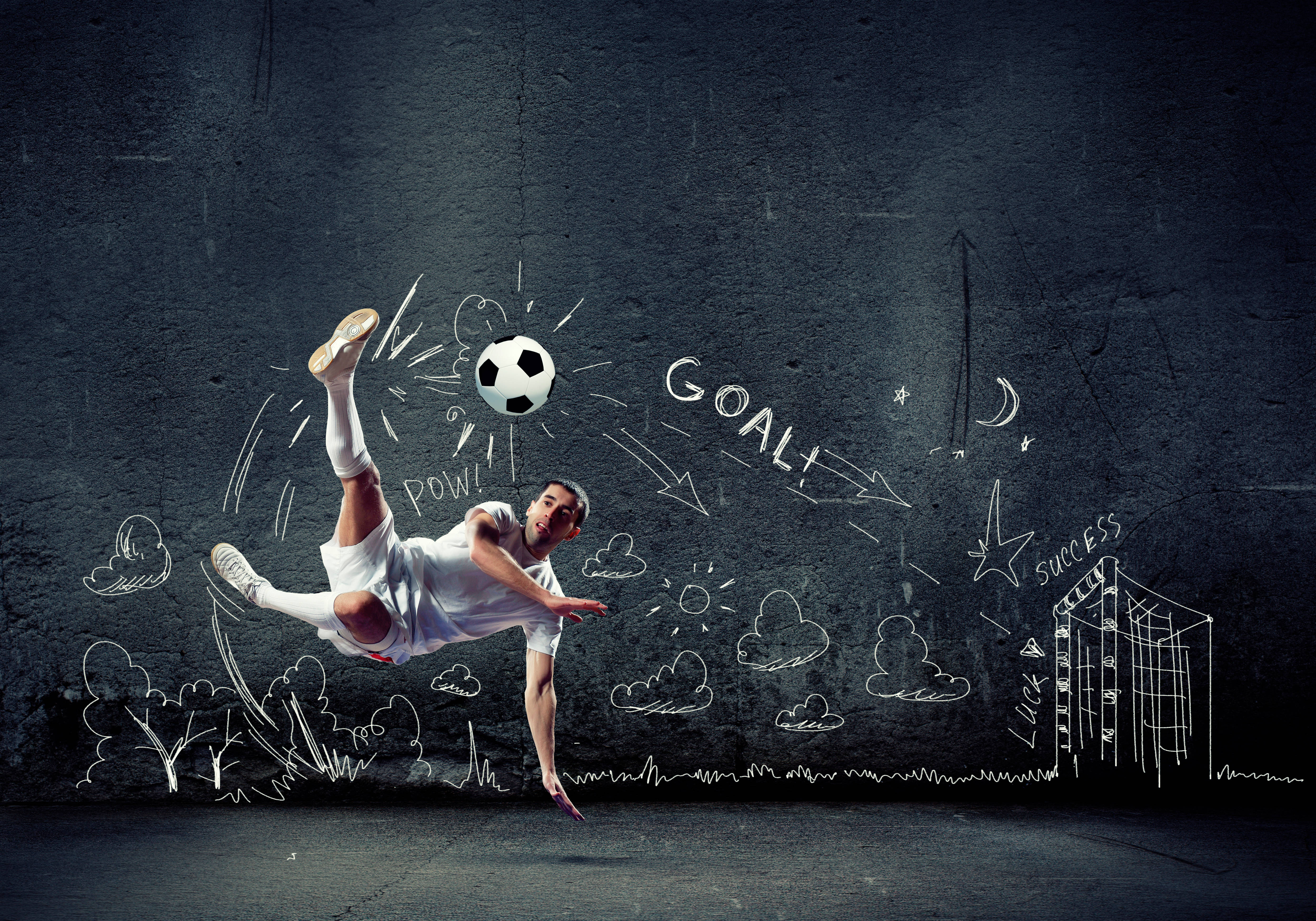 soccer player, mid-air kick, chalk-drawn goal, 4K Desktop Wallpaper