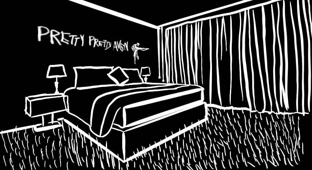 black and white bedroom, white line-art, bed, SD Desktop Wallpaper