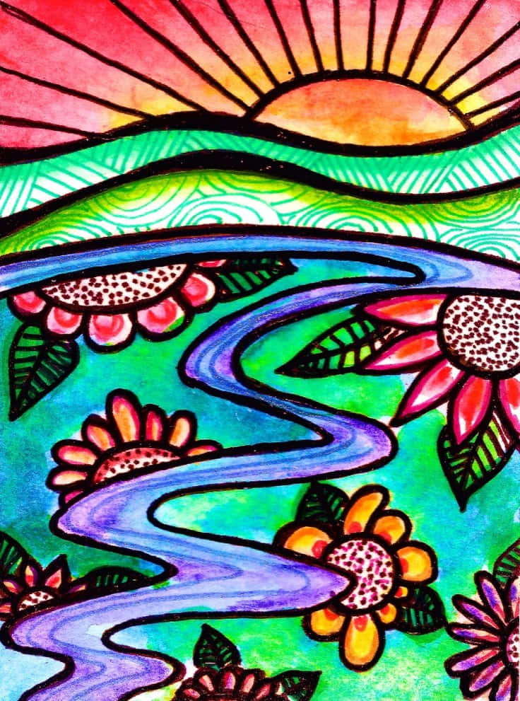 stained-glass style, winding river, field of colorful flowers, SD Phone Wallpaper