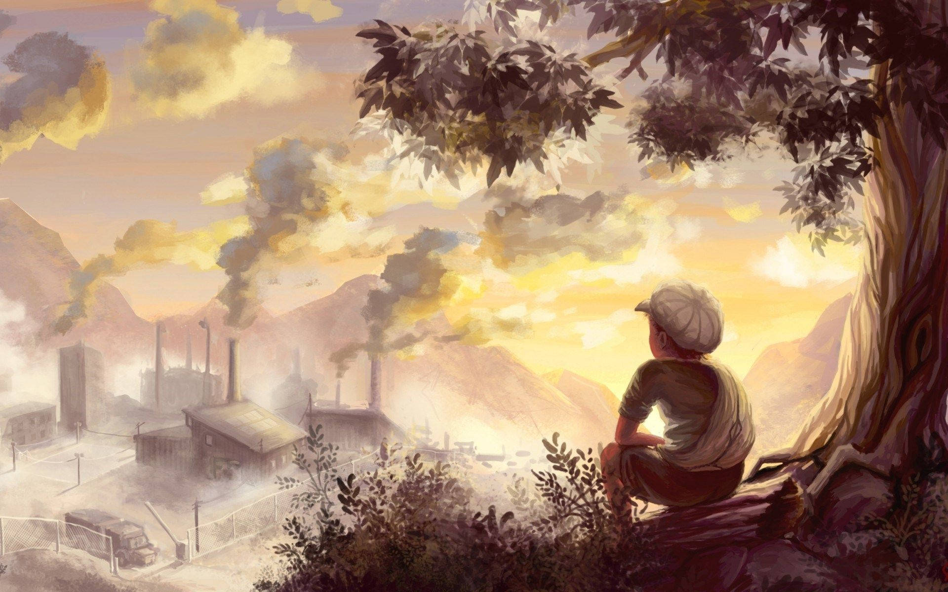 boy, tree, cap, Full HD Desktop Wallpaper