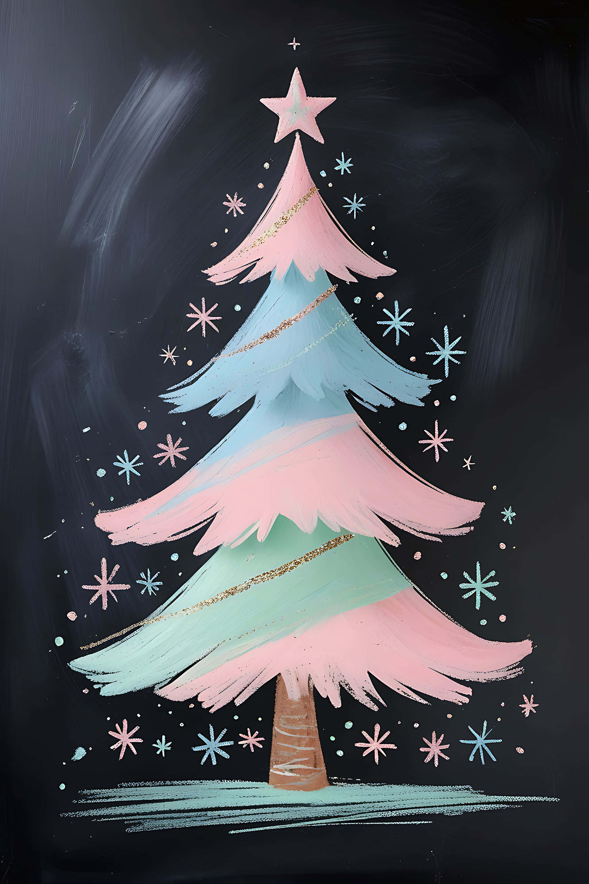 chalk-drawn Christmas tree, pastel pink and blue tiers, gold glitter stripes, 2K Phone Wallpaper