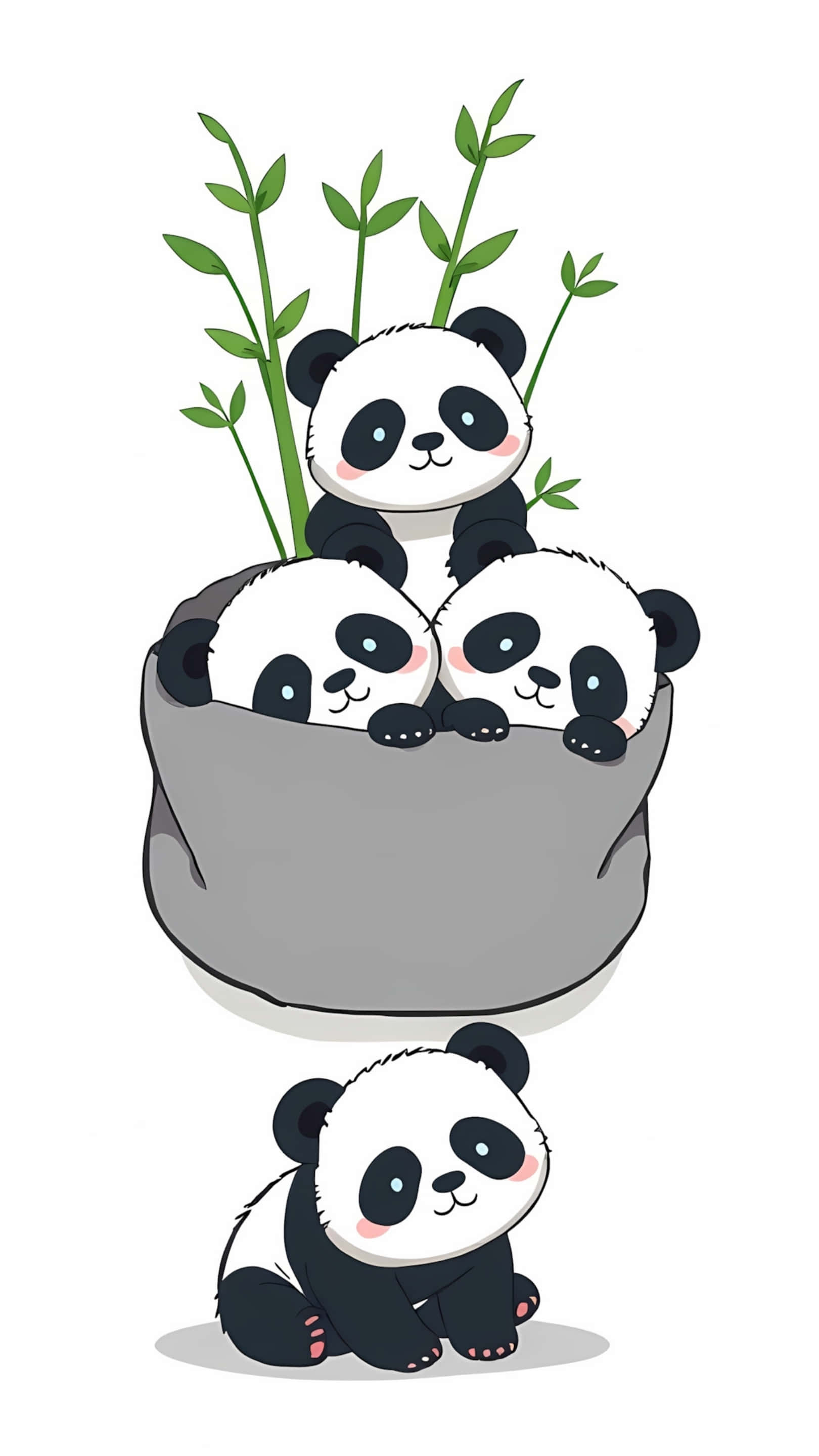 cute cartoon panda family, bamboo, gray rock bowl, 2K Phone Wallpaper
