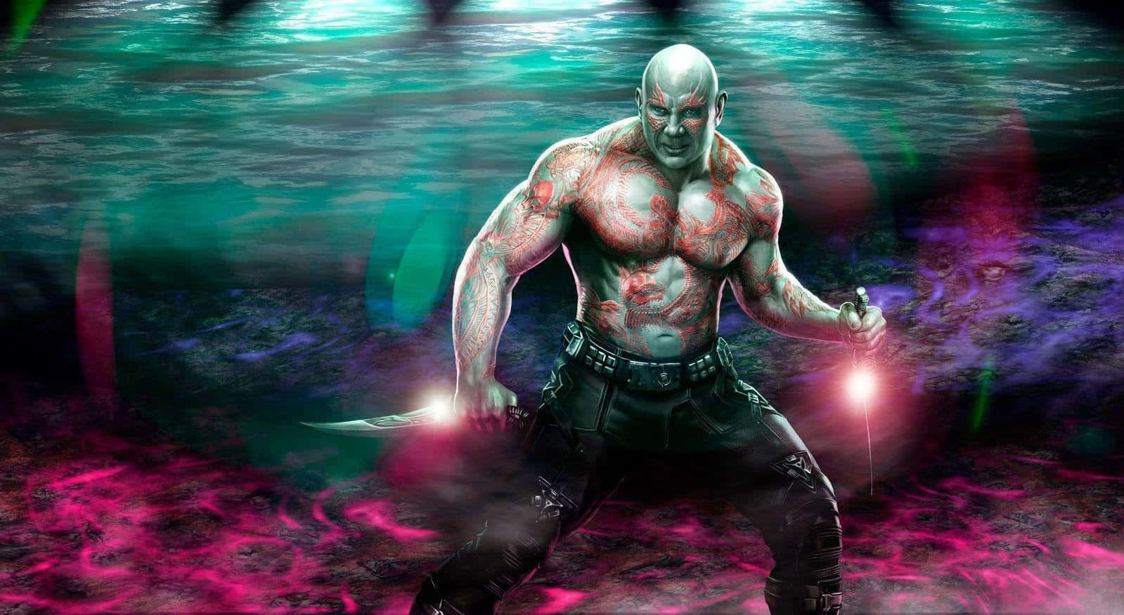 Drax, red tattoos, glowing blades, HD Desktop Wallpaper