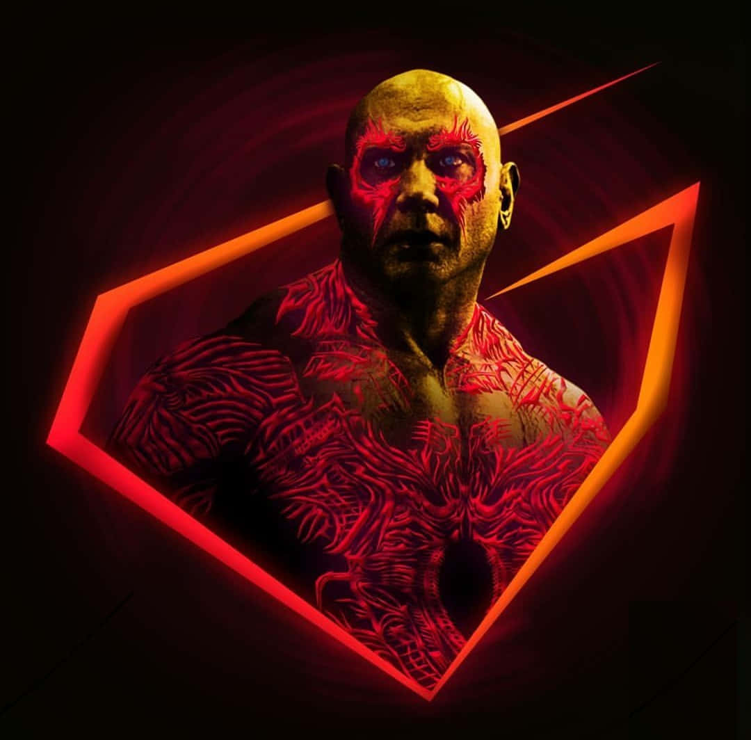Drax, glowing red tribal tattoos, radiant orange hexagonal frame, SD Desktop Wallpaper