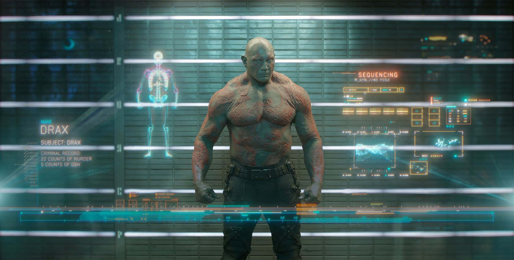 Drax, high-tech lab, glowing holographic data displays, HD Desktop Wallpaper