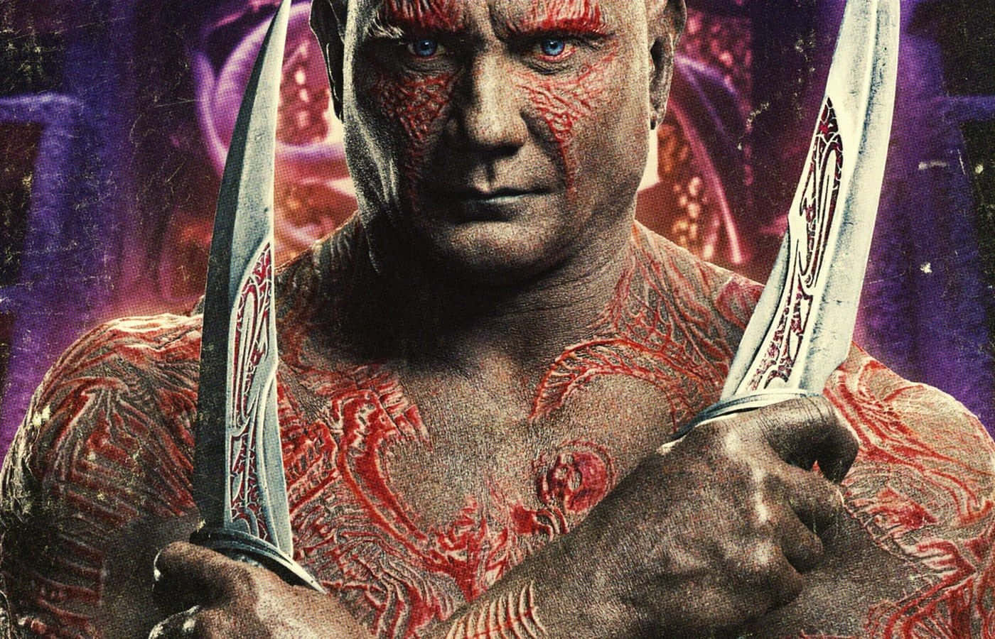 Drax, red tribal tattoos, ornate blades, HD Desktop Wallpaper