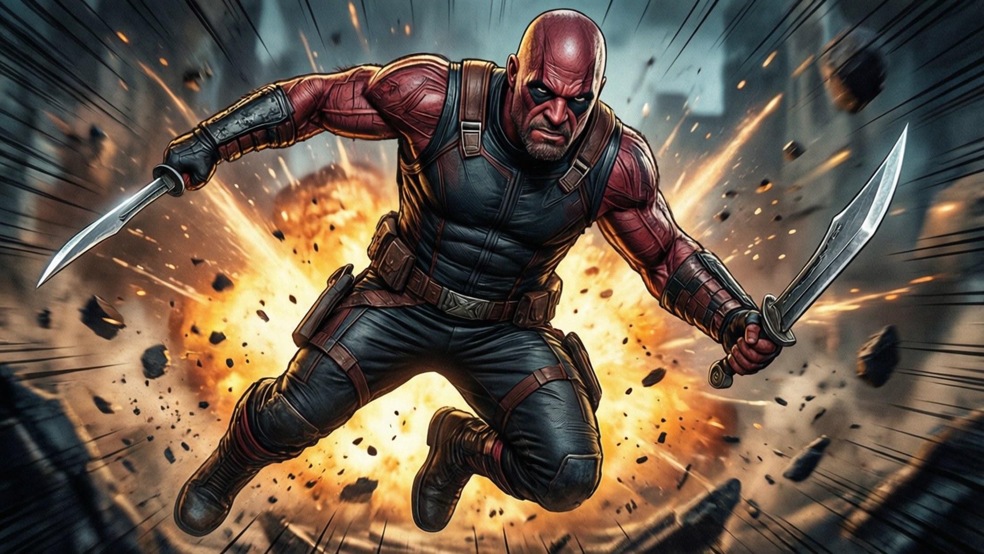 Drax, leaping attack, knives, Full HD Desktop Wallpaper