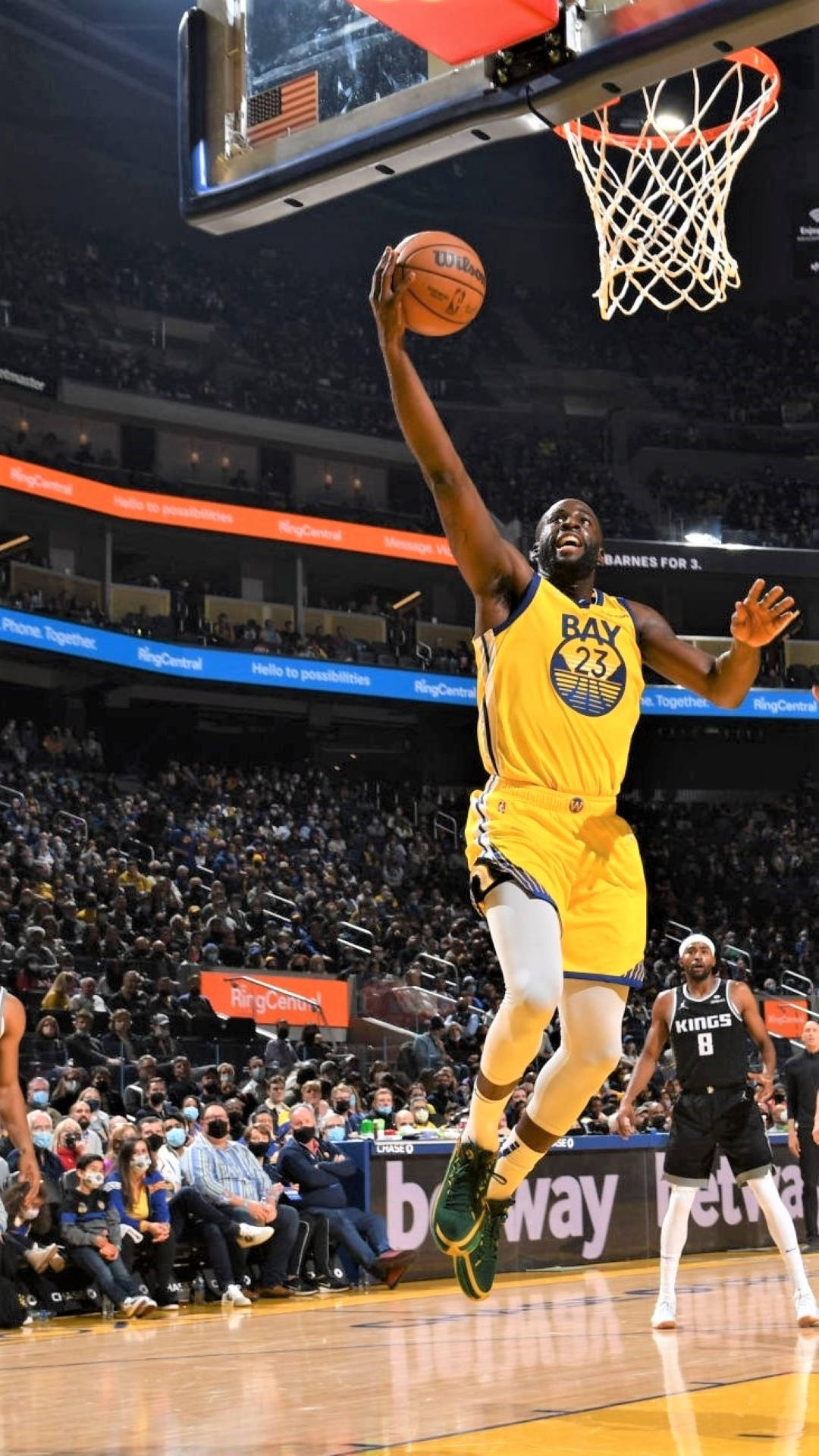 Draymond Green, yellow jersey, dunks the ball, Full HD Phone Wallpaper