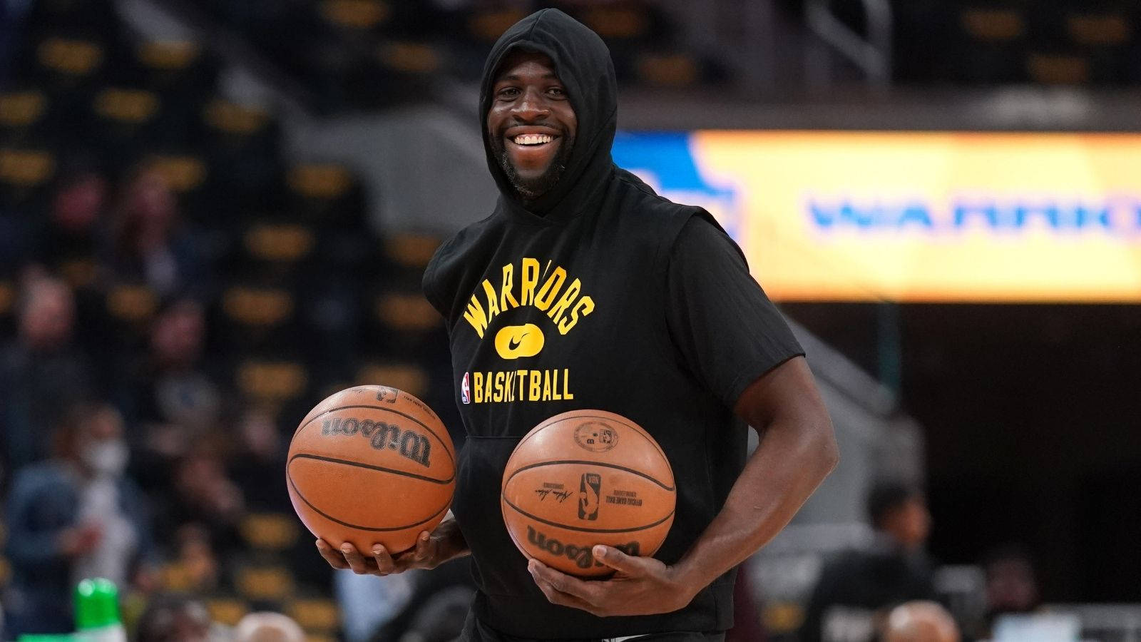 Draymond Green, black hooded Warriors shirt, orange basketballs, HD Desktop Wallpaper