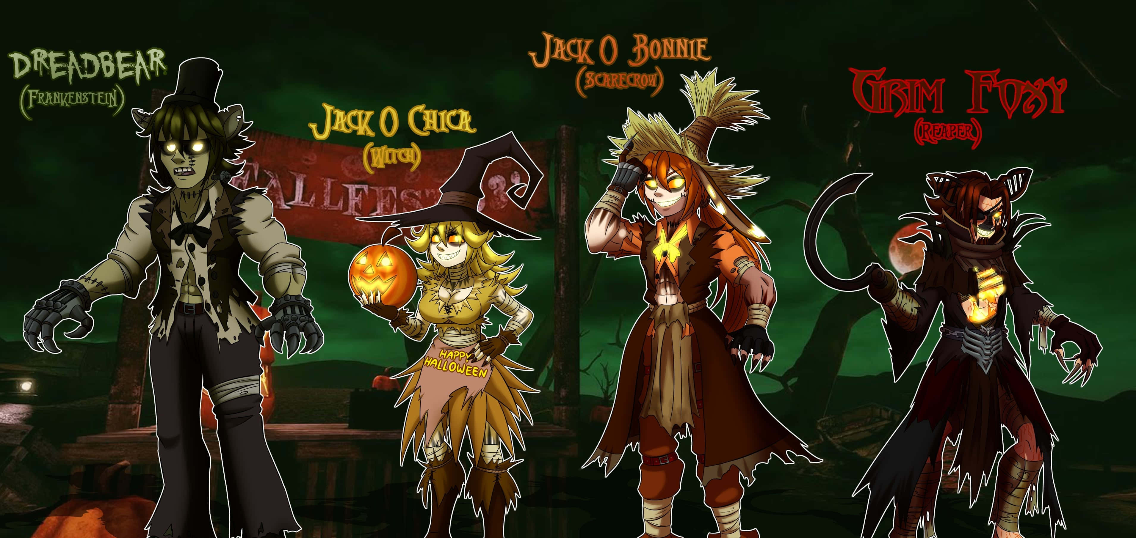 Dreadbear, Halloween-themed cartoon characters, glowing eyes, 2K Desktop Wallpaper