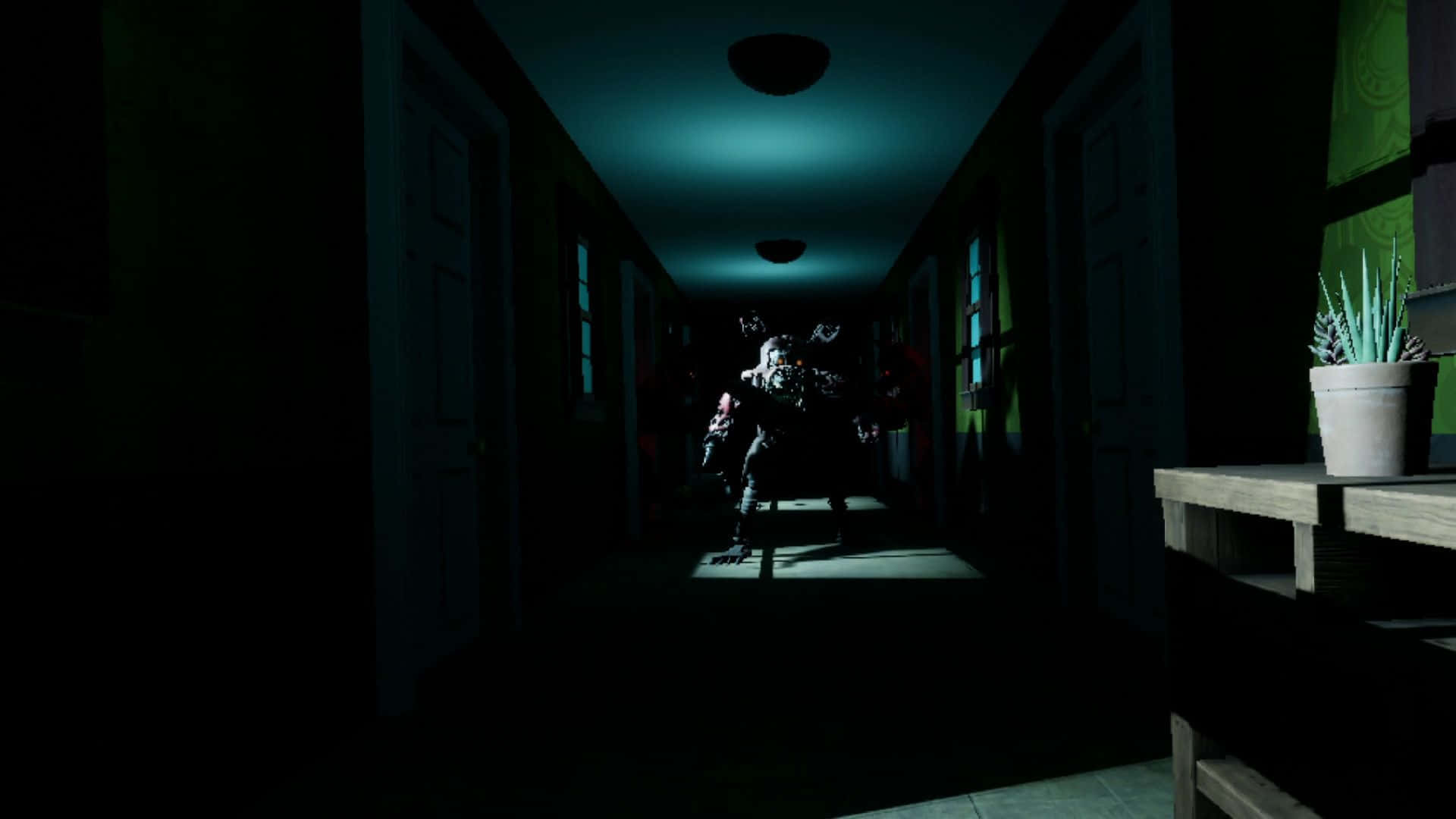 Dreadbear, teal light, hallway, Full HD Desktop Wallpaper