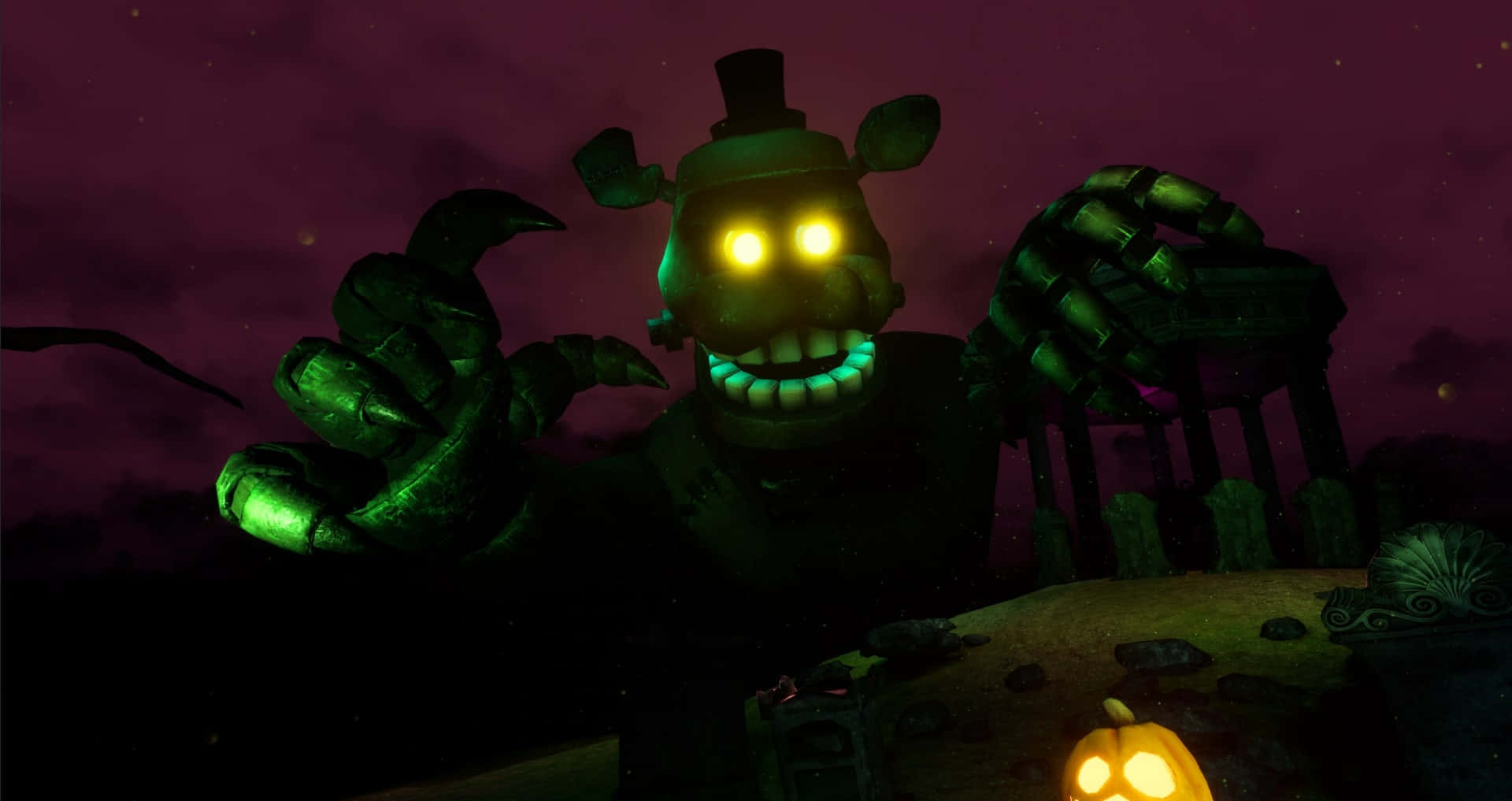 Dreadbear, green animatronic, glowing yellow eyes, Full HD Desktop Wallpaper