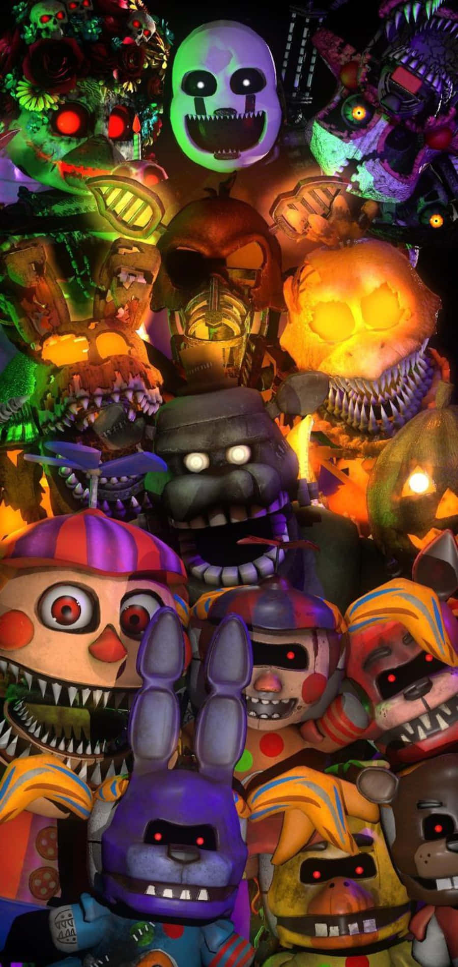 Dreadbear 900, neon-lit darkness, glowing animatronic characters, HD Phone Wallpaper
