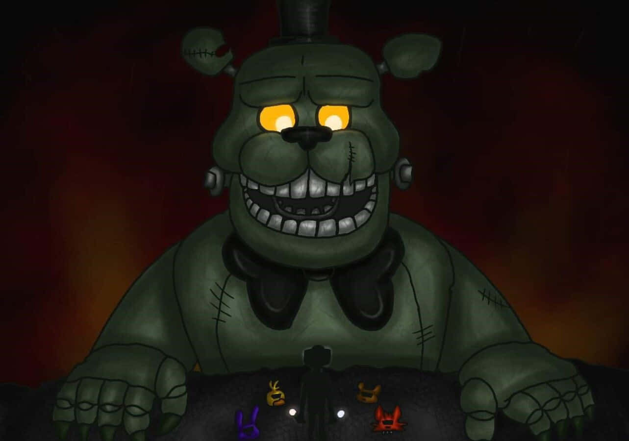 Dreadbear, green animatronic bear, glowing yellow eyes, HD Desktop Wallpaper