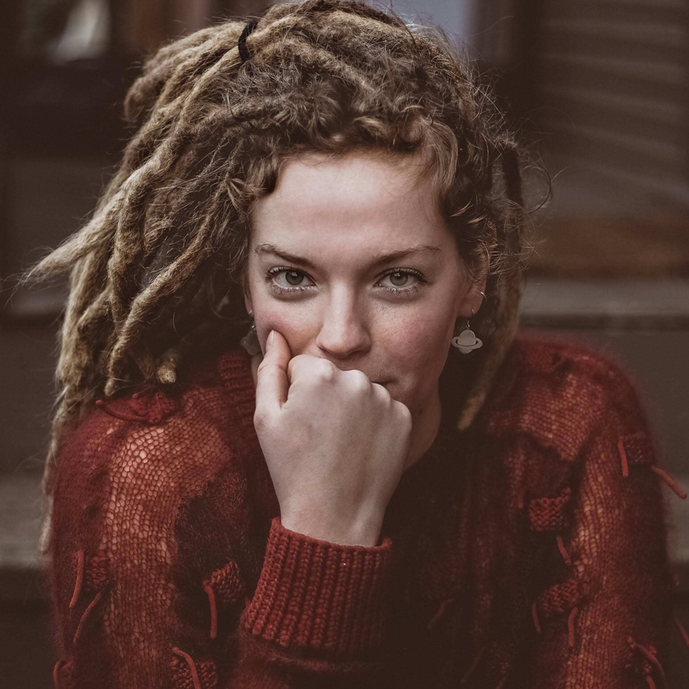 dreadlocks, young woman, red knit sweater, Full HD Desktop Wallpaper