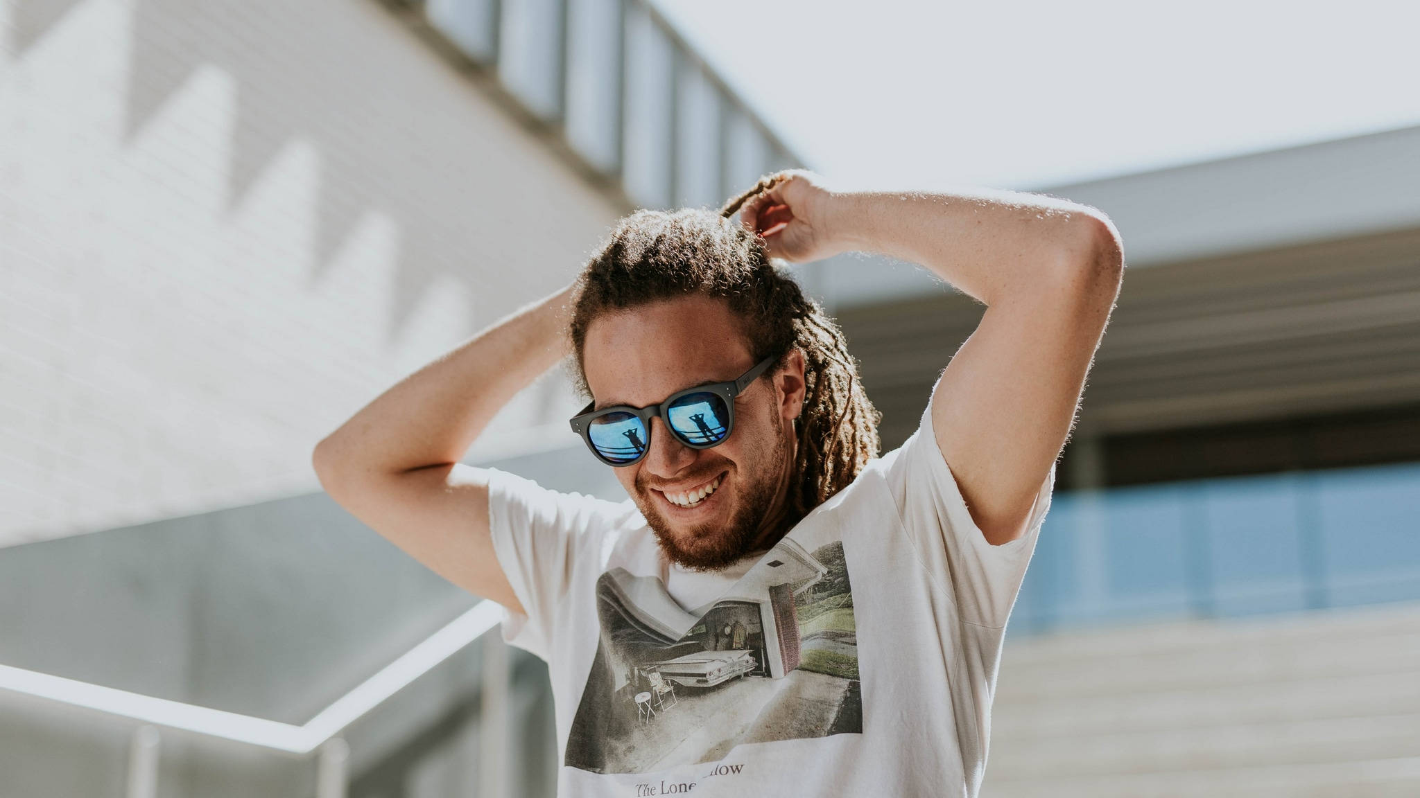 dreadlocks, sunglasses, modern building facade, Full HD Desktop Wallpaper