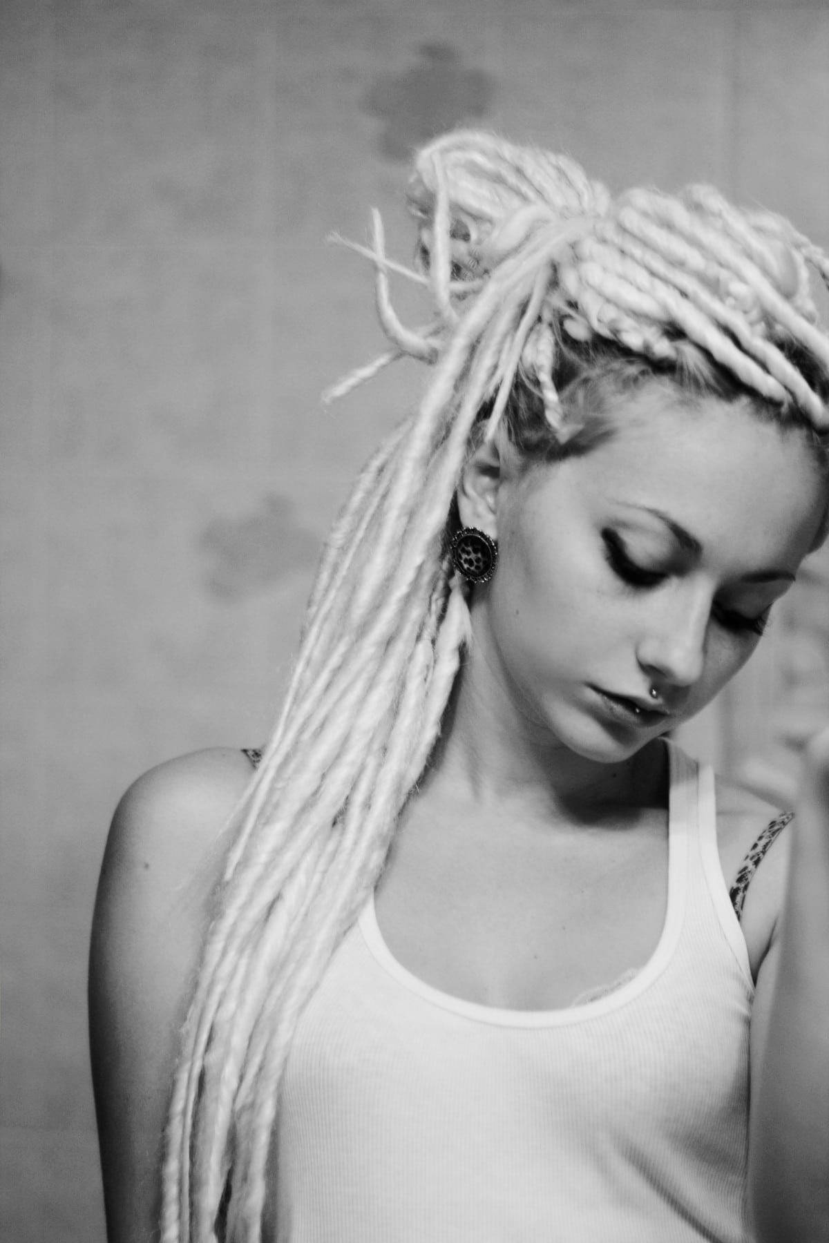 grayscale braids, long white dreadlocks, black and white portrait, HD Phone Wallpaper