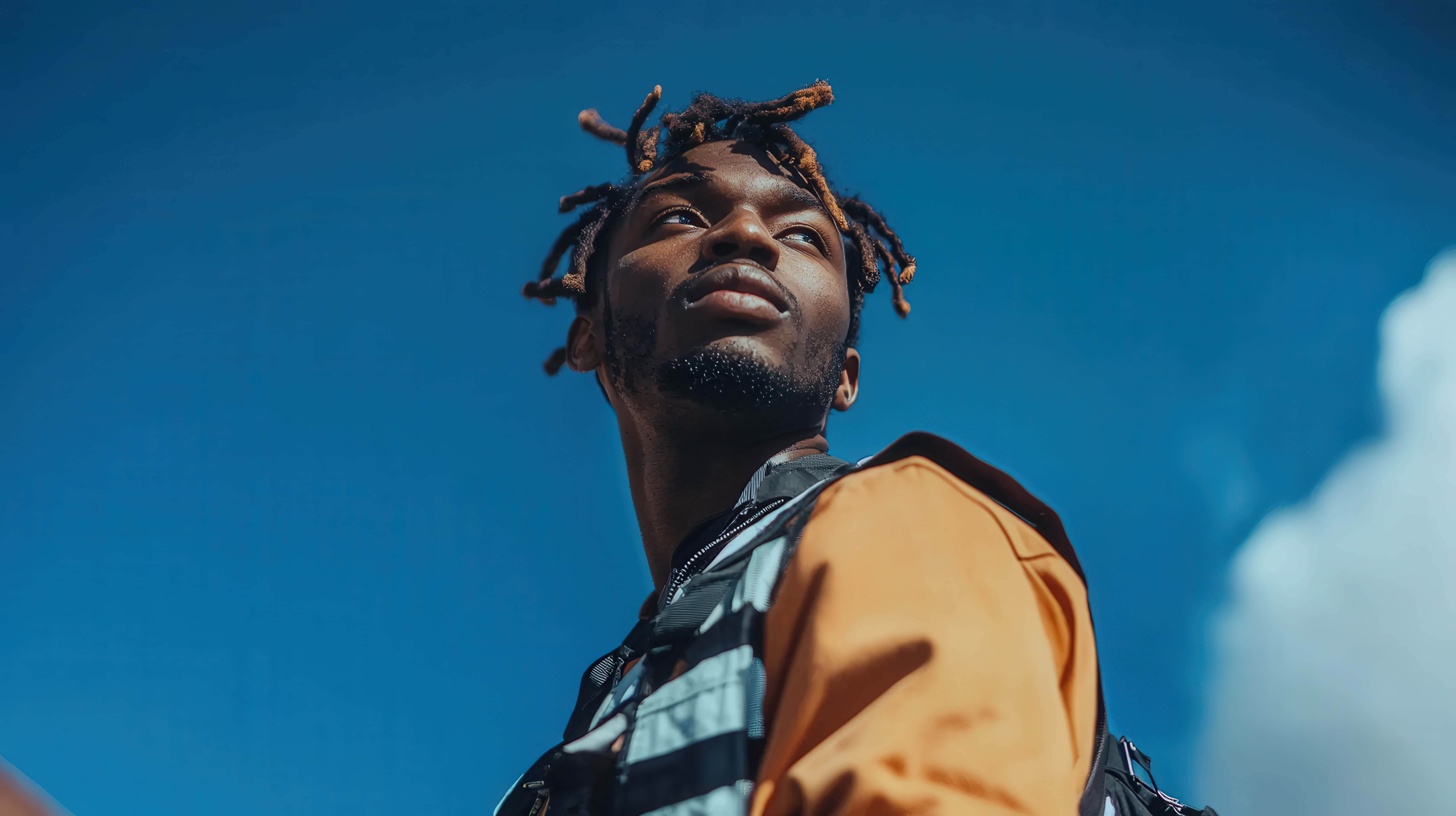 dreadlocks, vibrant blue sky, soft white clouds, 8K Desktop Wallpaper