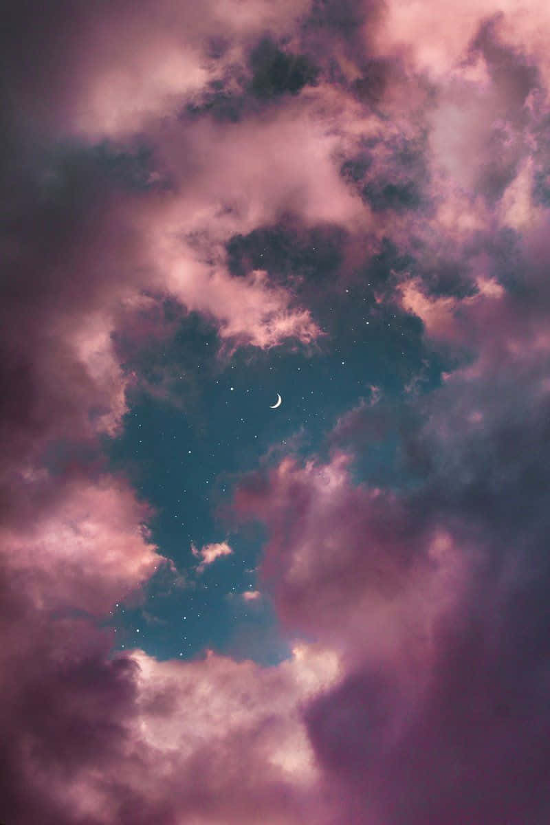 crescent moon, stars, swirling pink and purple clouds, SD Phone Wallpaper