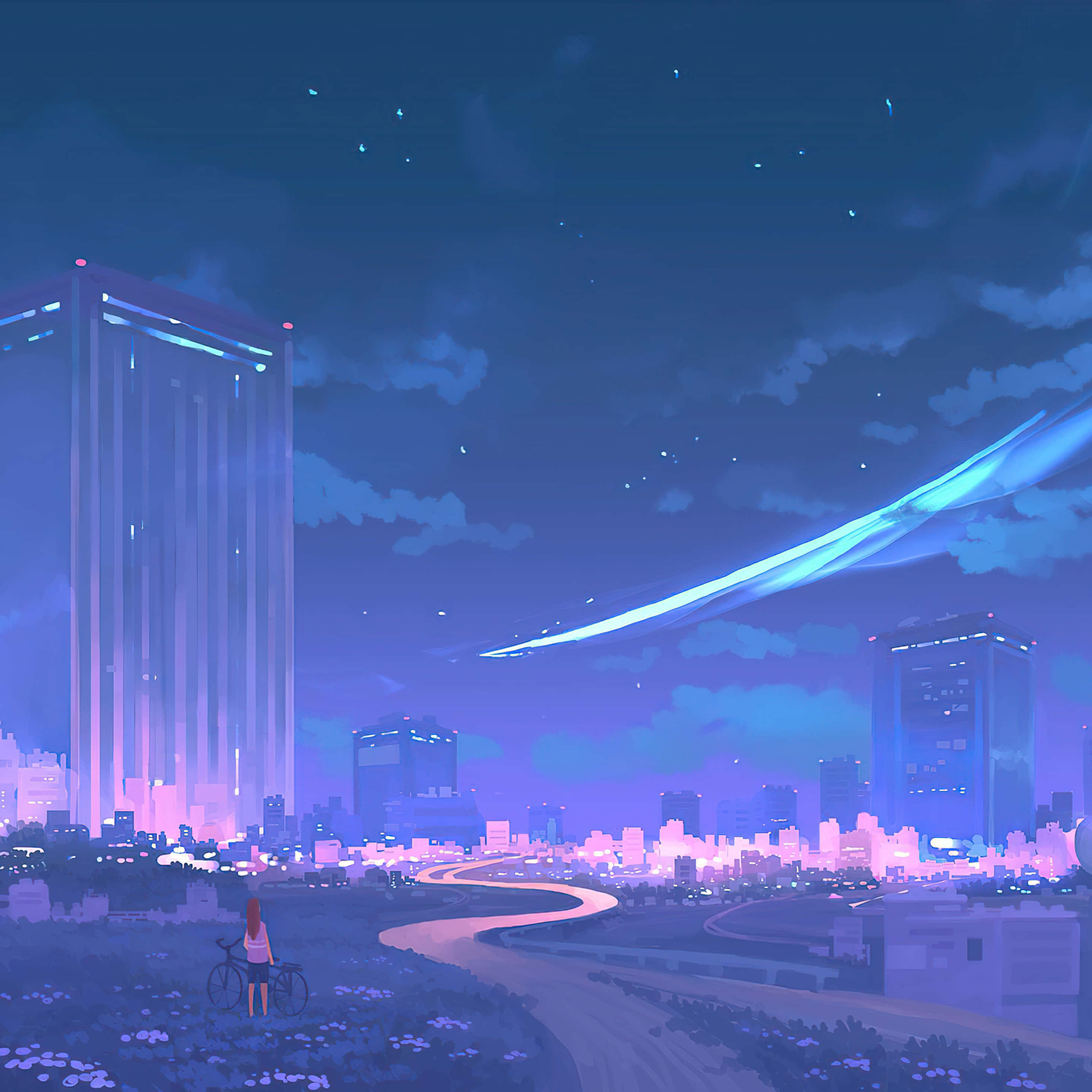 twilight, glowing futuristic cityscape, starry purple sky, 2K Desktop Wallpaper