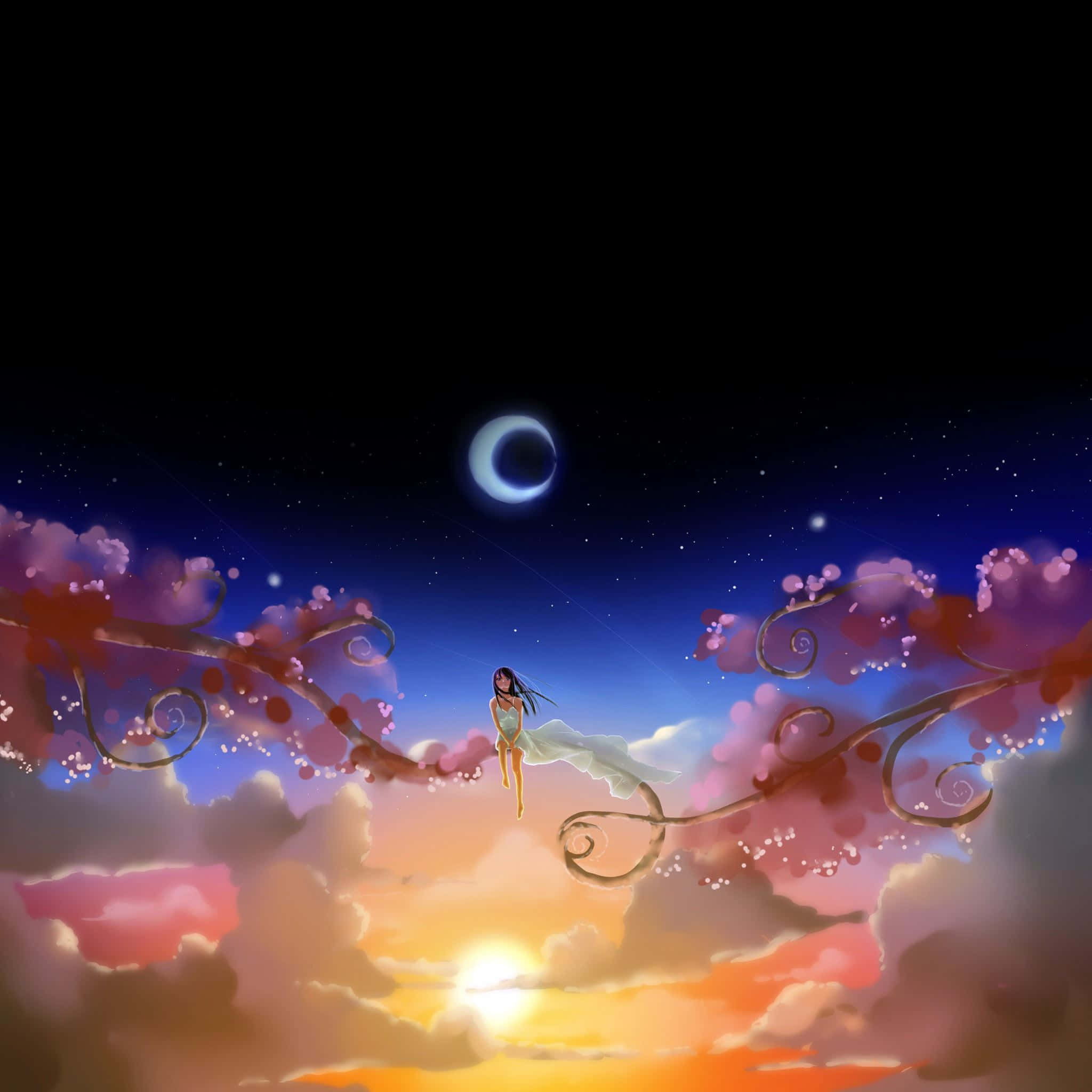 twilight sky, crescent moon, glowing clouds, Full HD Desktop Wallpaper