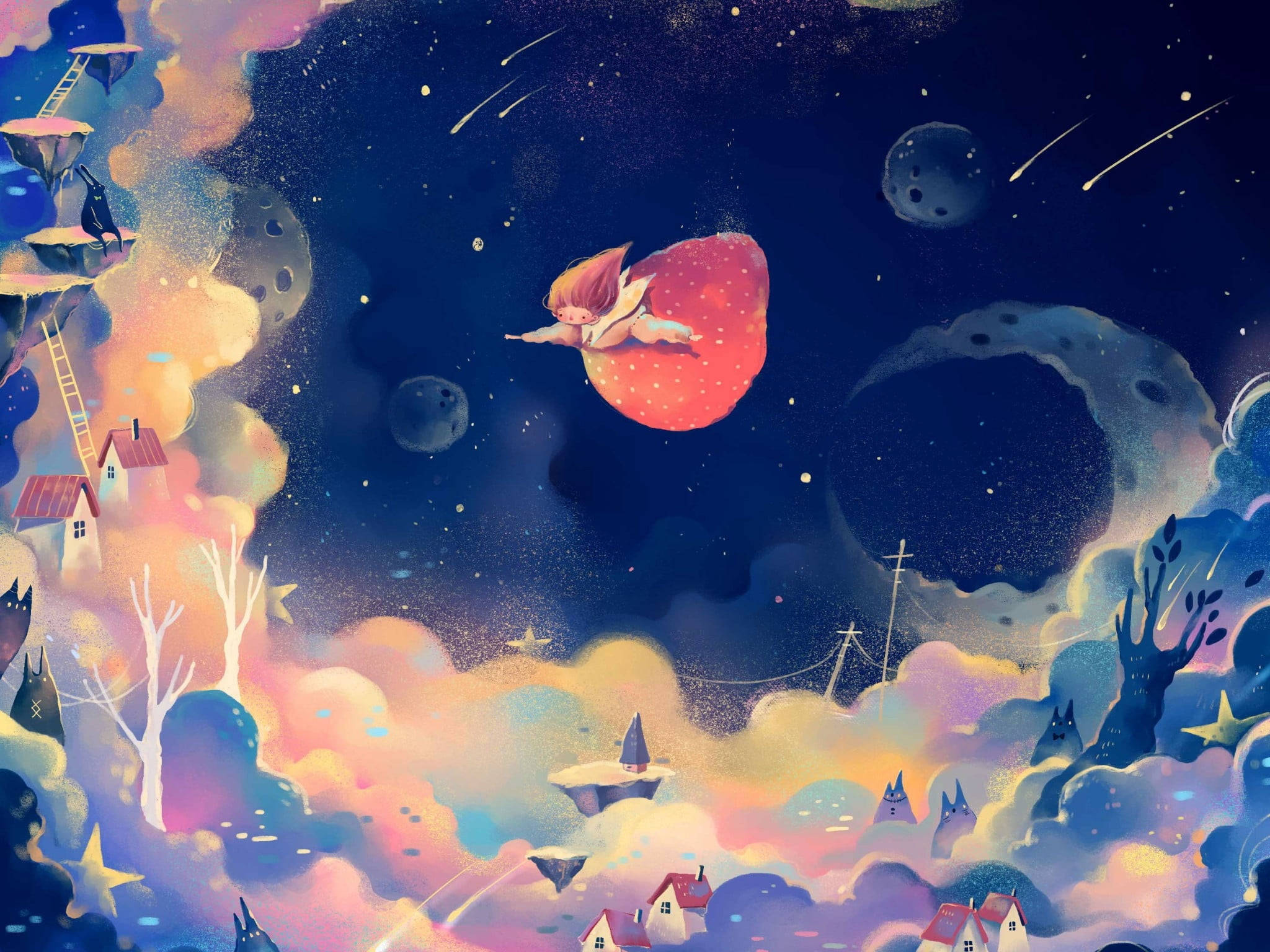 strawberry, starry night sky, floating houses, Full HD Desktop Wallpaper
